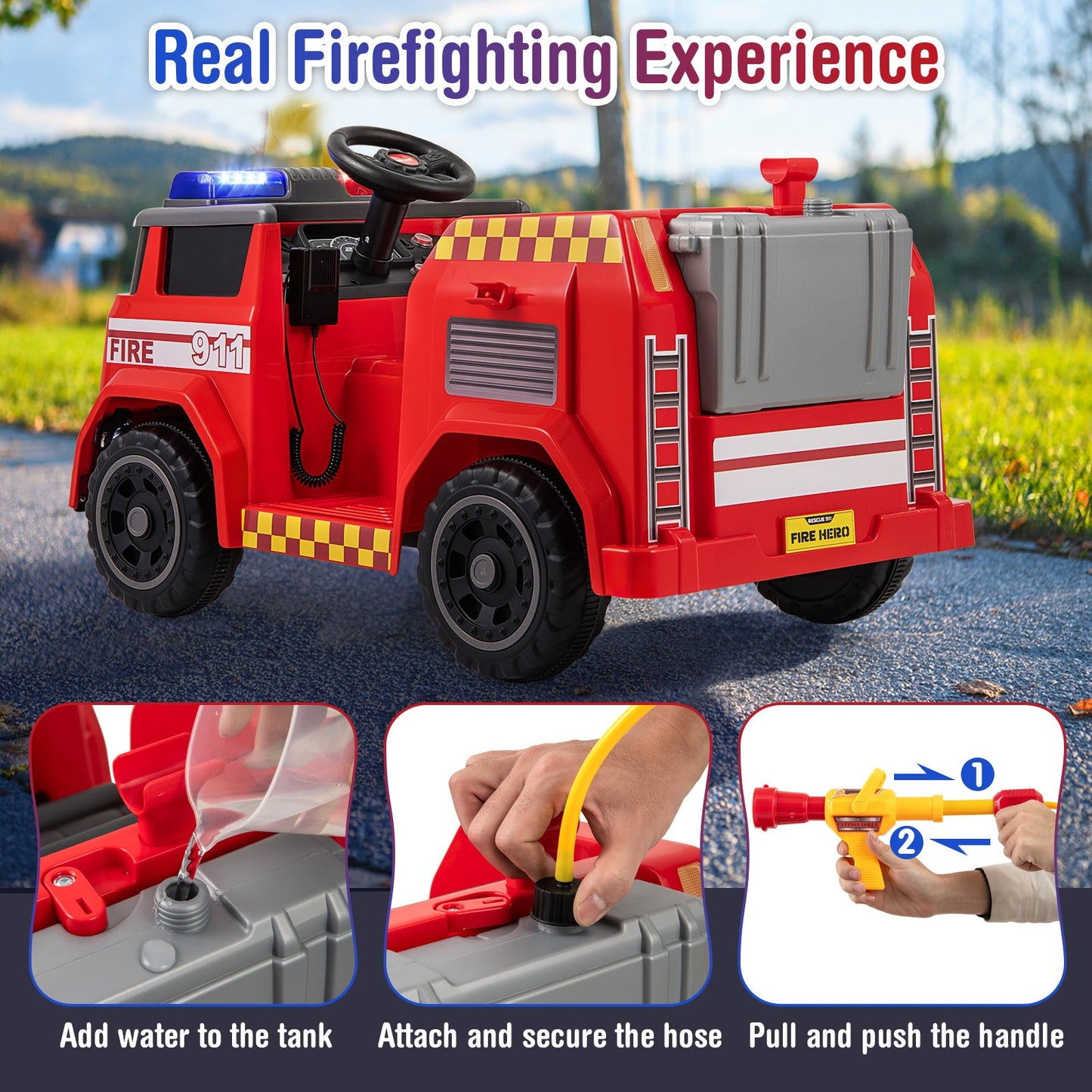 12V Ride on Fire Truck Powered Car with Water Gun and Interphone-Red