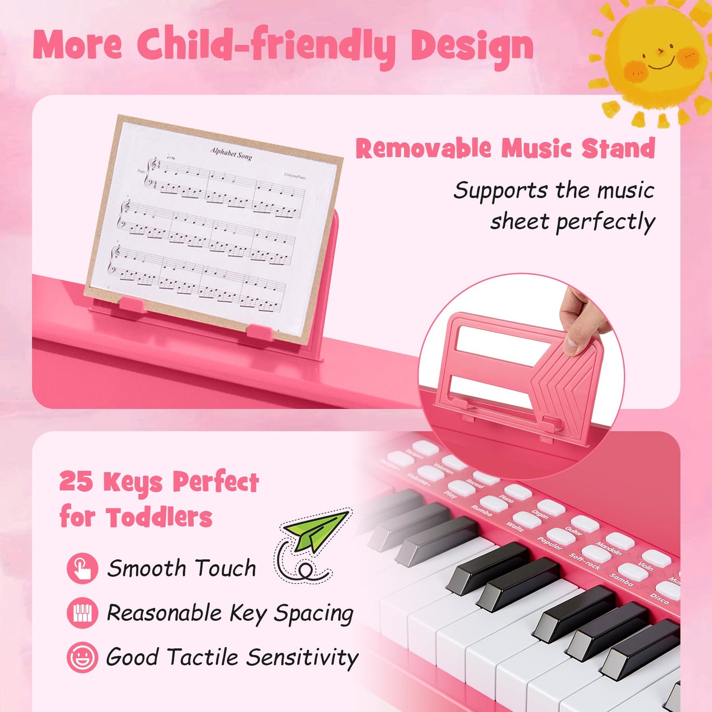 25 Keys Kids Piano Keyboard with Stool Mini Digital Piano Wooden Toy with Adjustable Speed and Volume