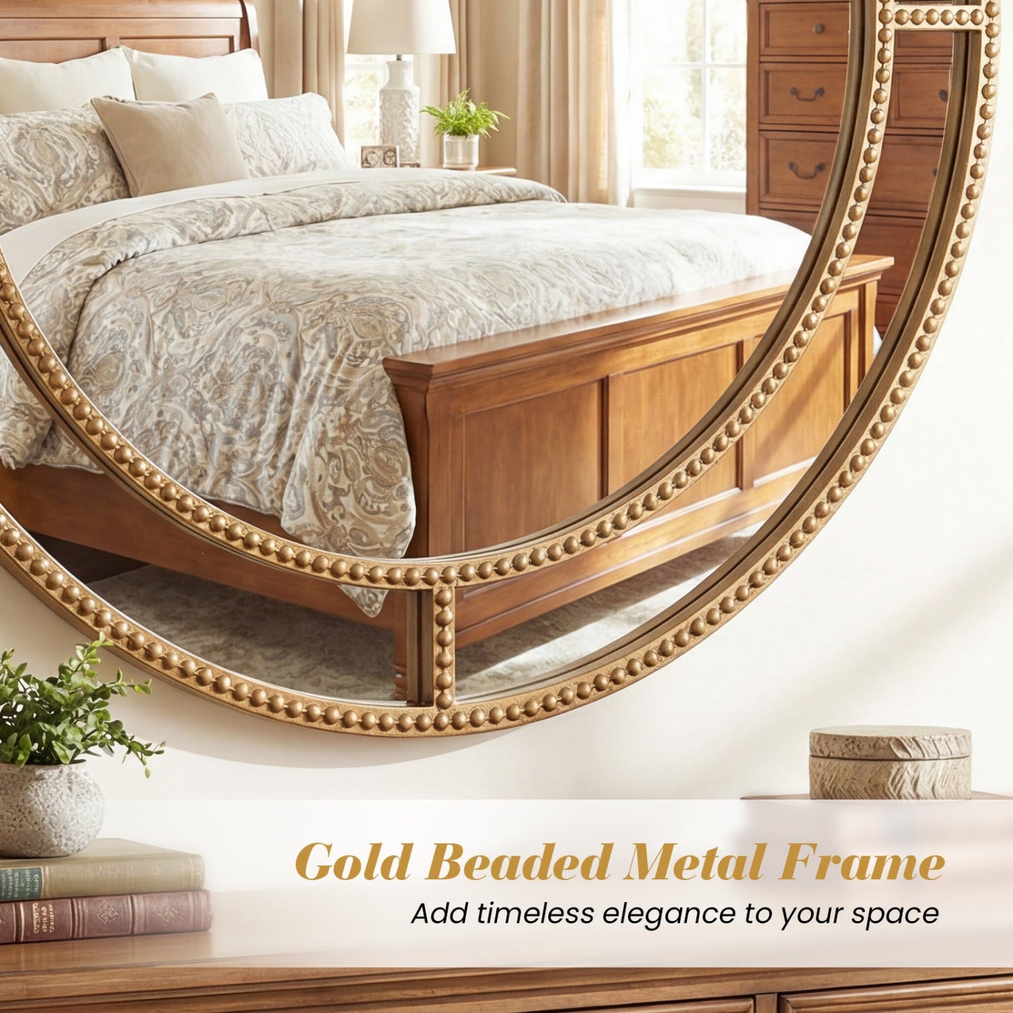 28 Inch Gold Round Wall Mirror with Beaded Frame for Living Room Entryway-Golden