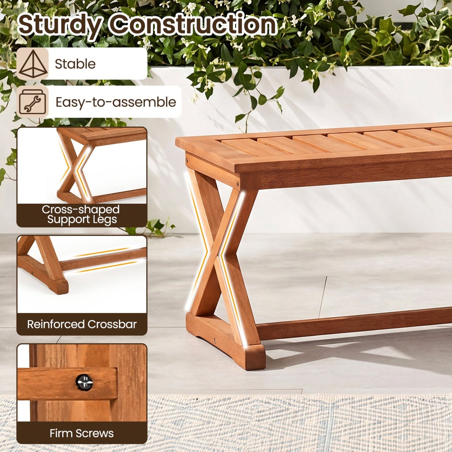 2-Person 44" Solid Wood Outdoor Bench with Slatted Seat for Patio Park Balcony