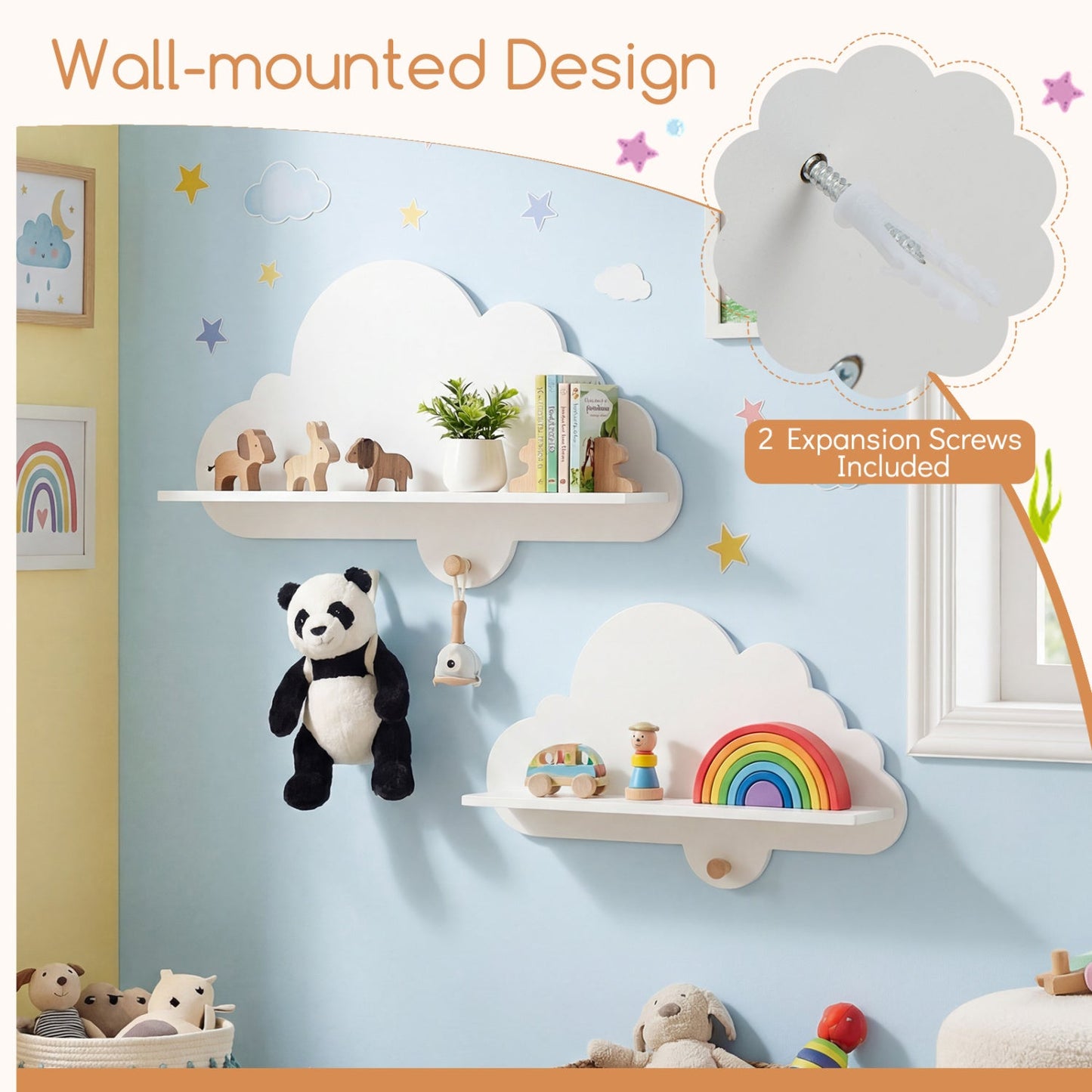2 Pieces Floating Cloud Shelves Wall Mounted Storage Display Rack-White