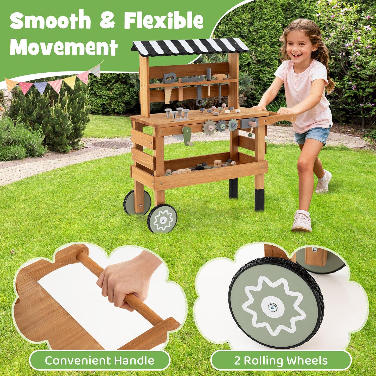 2-in-1 Kids Rolling Cart with Play Tools Set for Construction Play-Brown