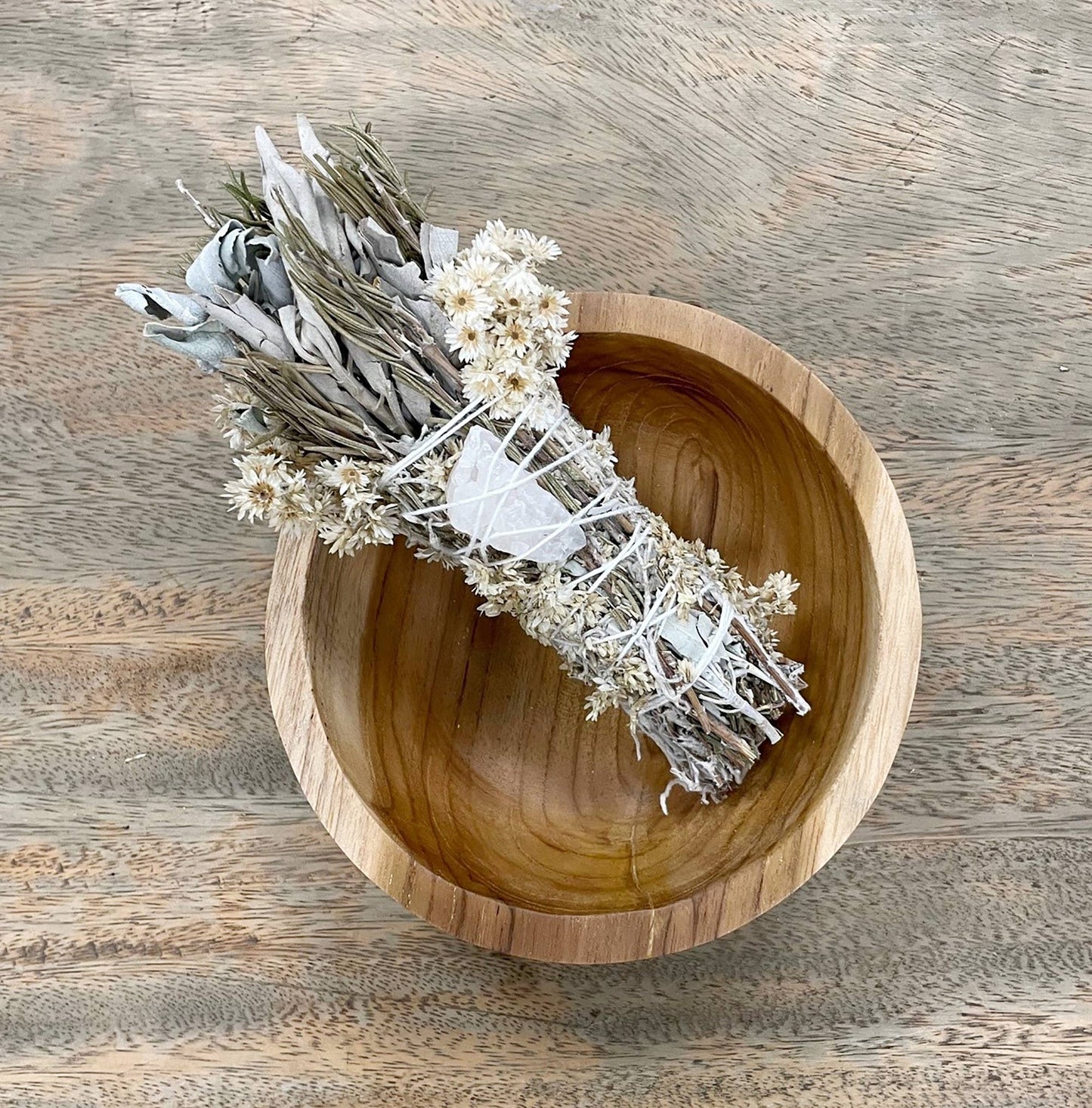 6" Rosemary & Sage Floral Smudge Wand with Quartz Crystal