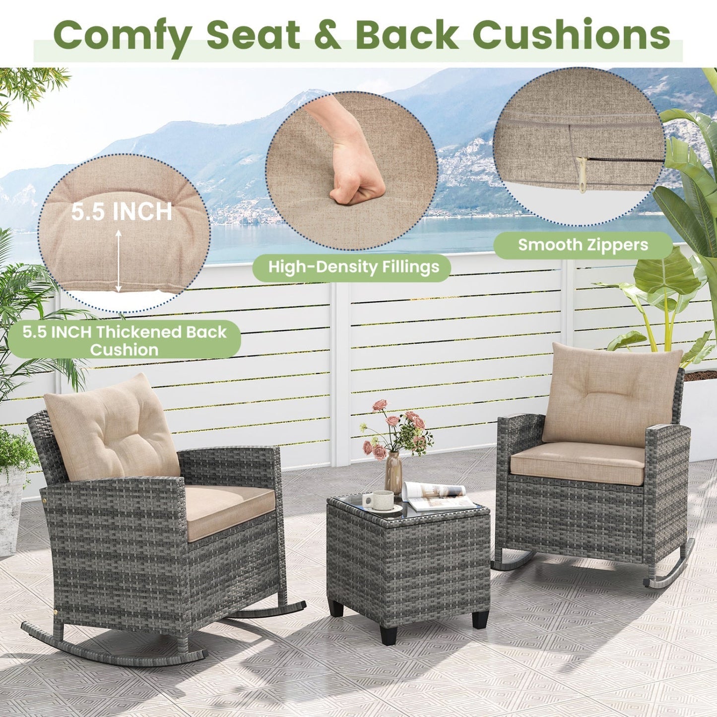 3-Piece Patio Rocking Chair Set with Glass Table