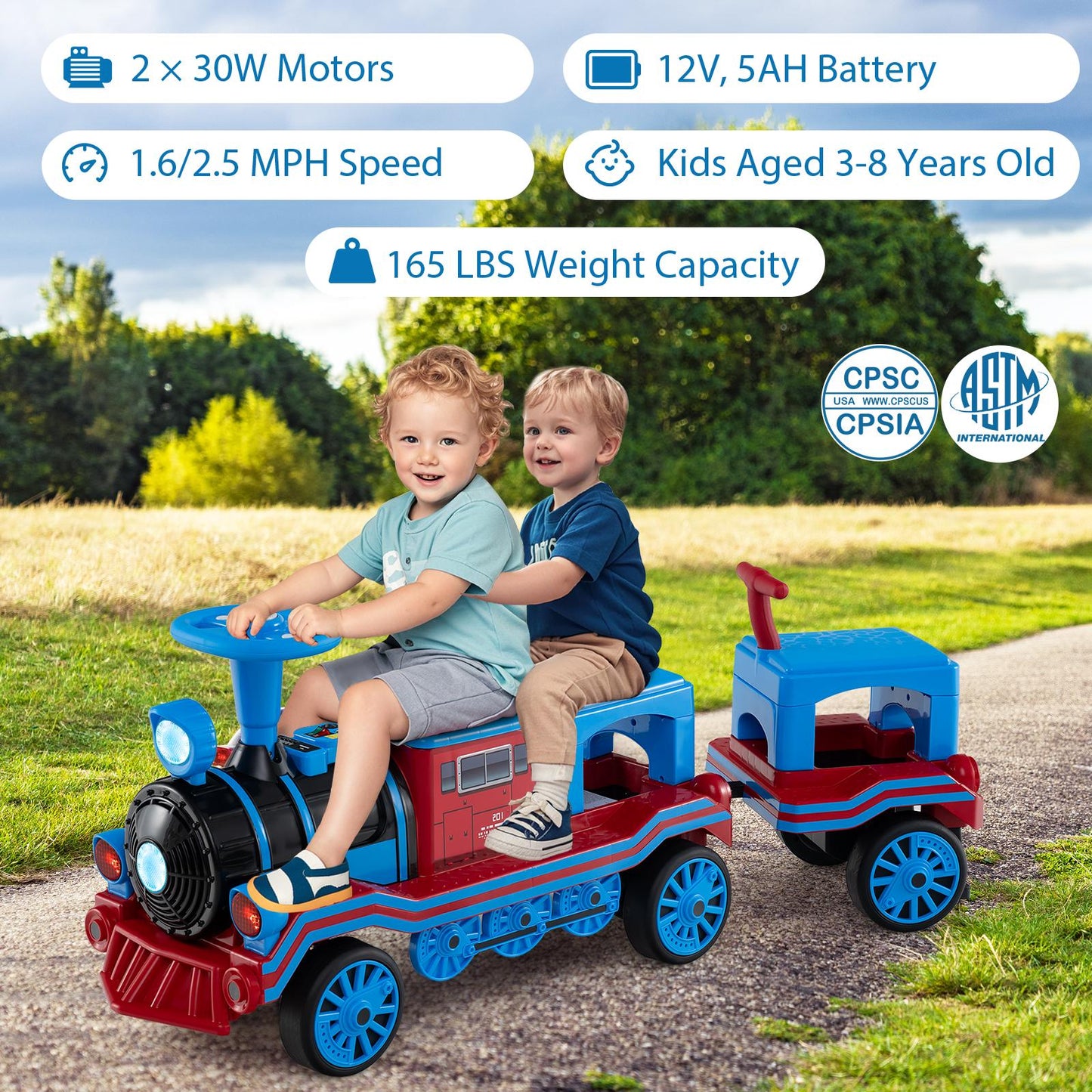 3-Seater Trackless Ride on Train Set 12V Ride on Toy Car with 2 Removable Chairs