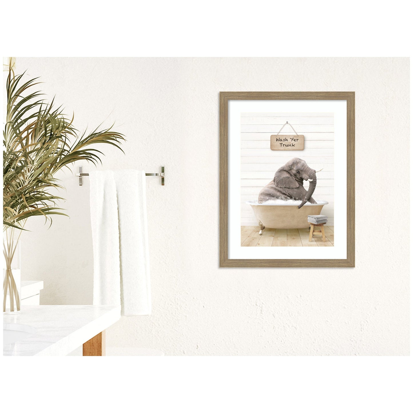 Young Elephant in Modern Bathtub Wash Your Trunk by Amy Peterson Framed Wall Art Print
