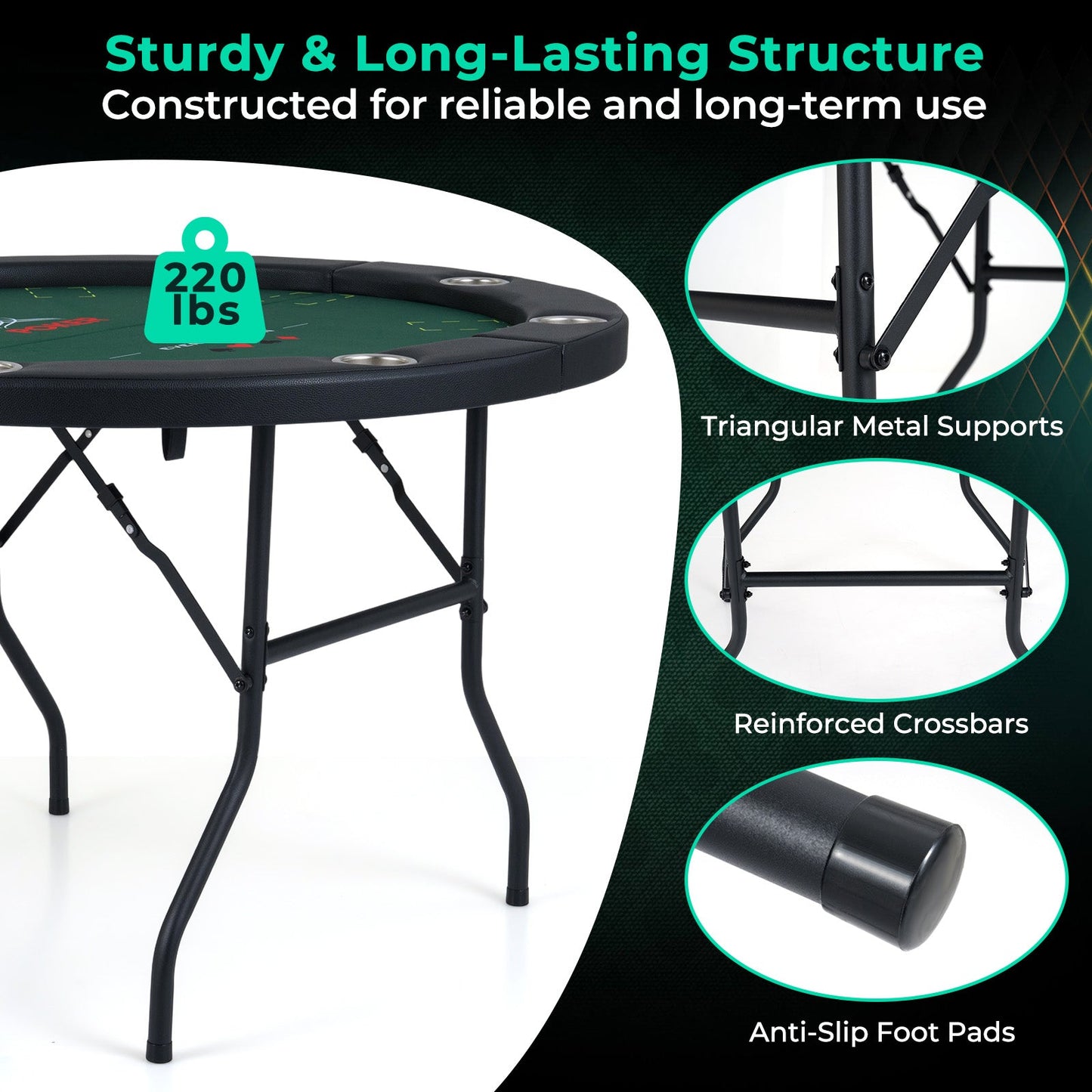 48 Inch Foldable Poker Table with 8 Cup Holders and Padded Edges