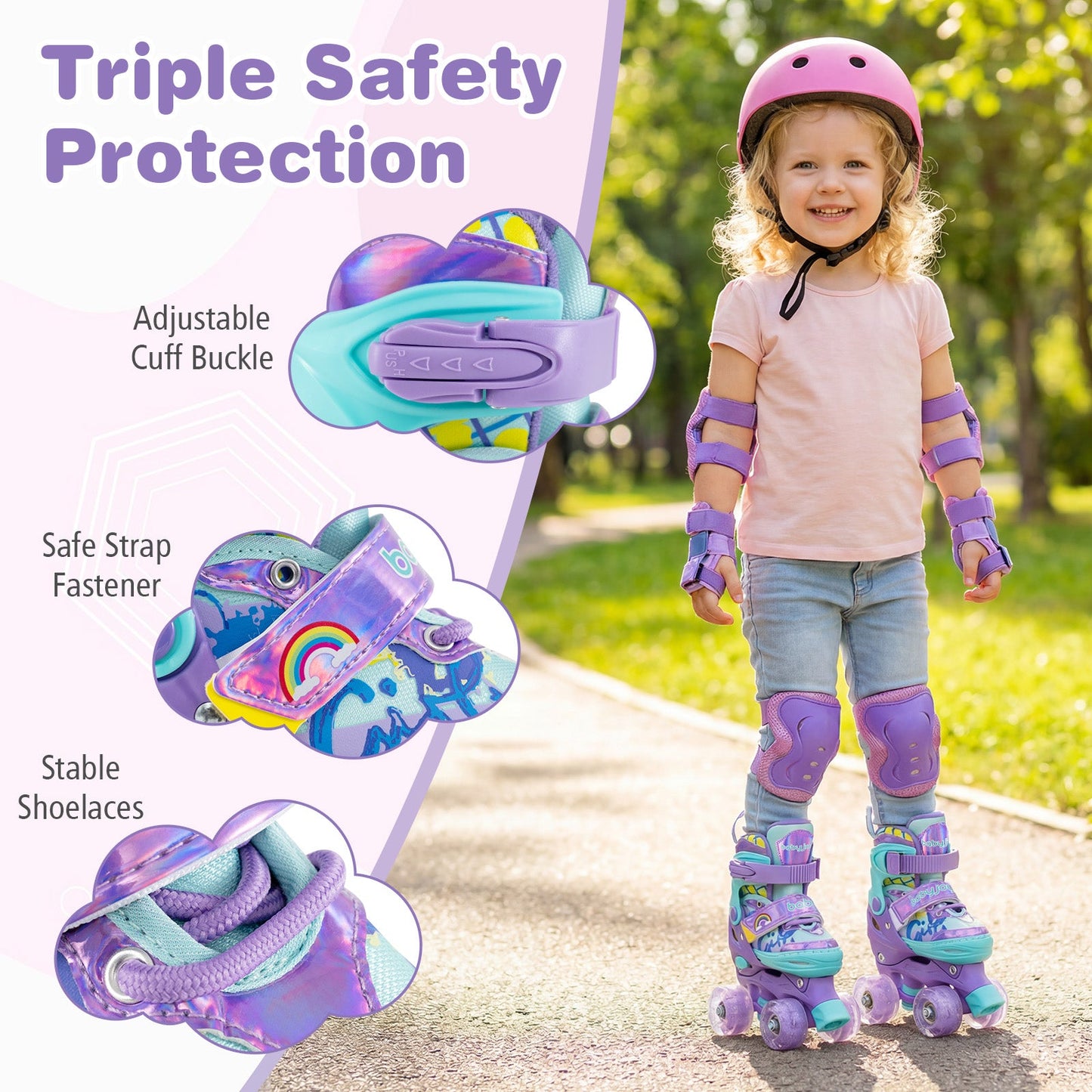 4 Sizes Adjustable Kids Roller Skates with Light-up Wheels and Safety Protection-Purple