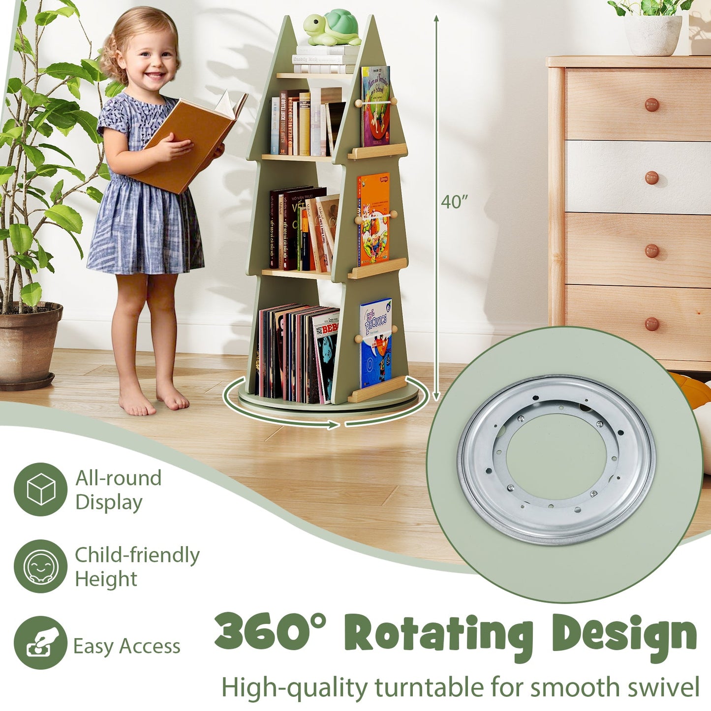4 Tier Tree Shape Kids Rotating Bookshelf 360° Display Rack Storage Organizer-Green