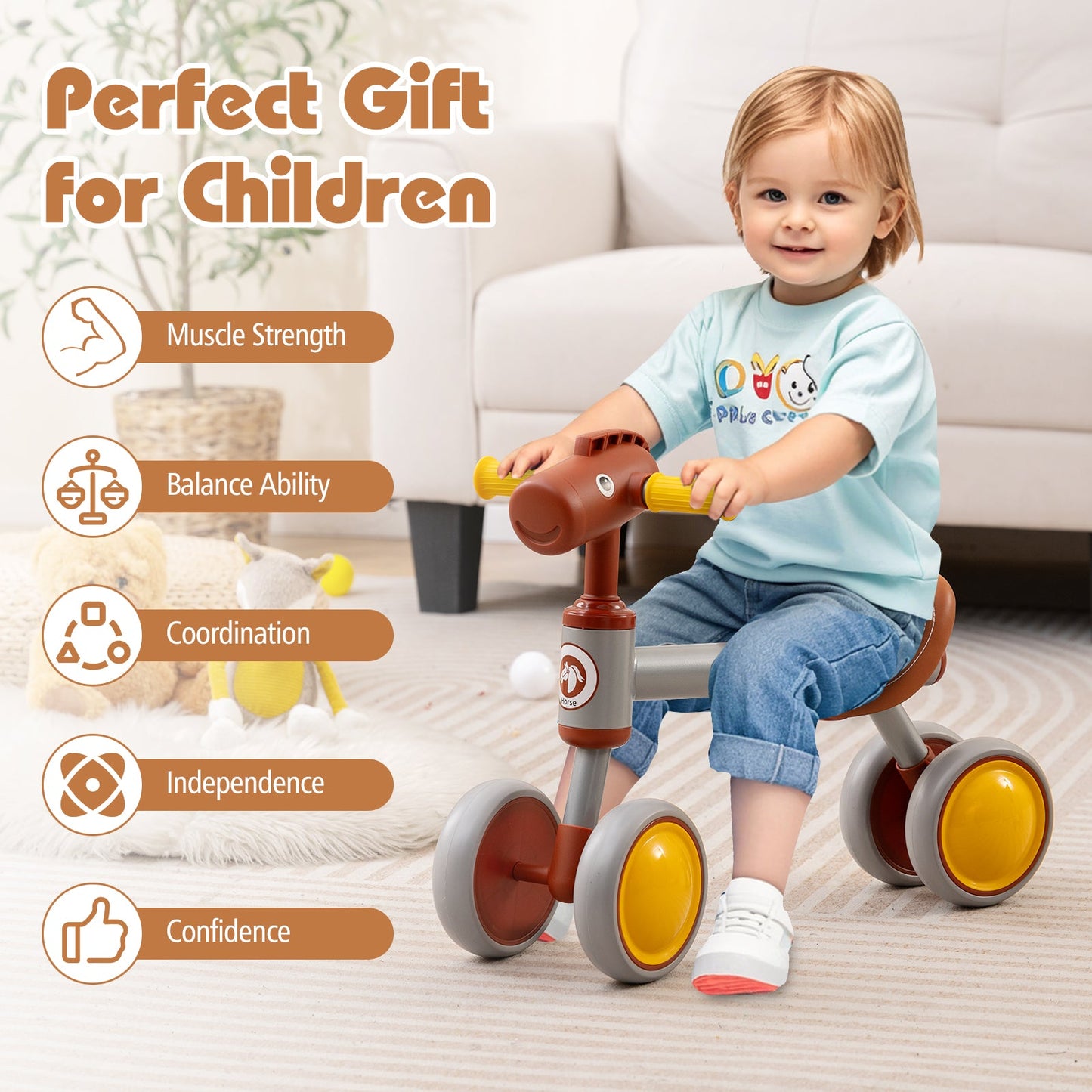 Baby Balance Bike No Pedal 4-Wheel Bicycle-Brown