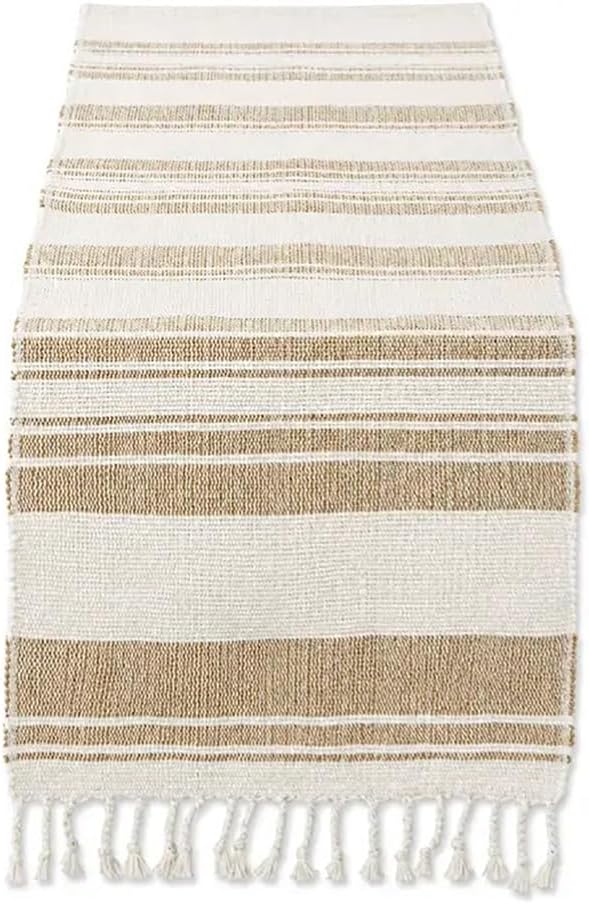 Fennco Styles Farmhouse Cotton Jute Table Runner with Tassel Fringe 14 x 72 Inch - Rustic Natural and Ivory Woven Table Cover for Kitchen, Dining Room, Everyday Use and Seasonal Entertaining