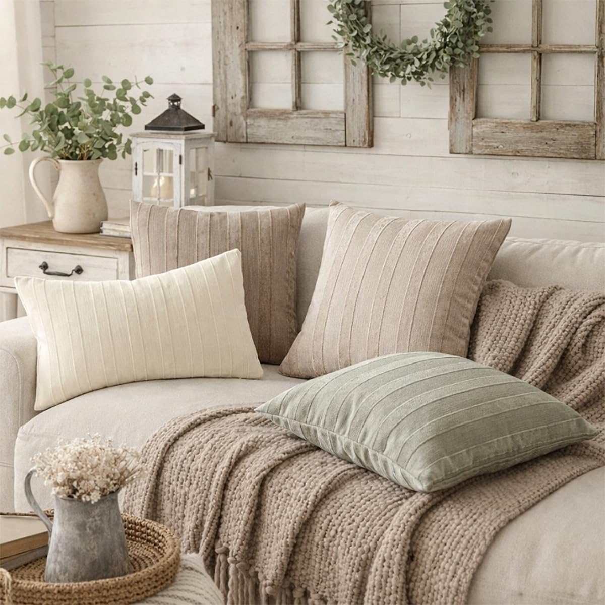 Fennco Styles Light Beige Textured Striped Throw Pillow Cover 18" X 18" - Modern Accent Pillow Case for Couch, Home and Neutral Farmhouse Décor, 2-Pack