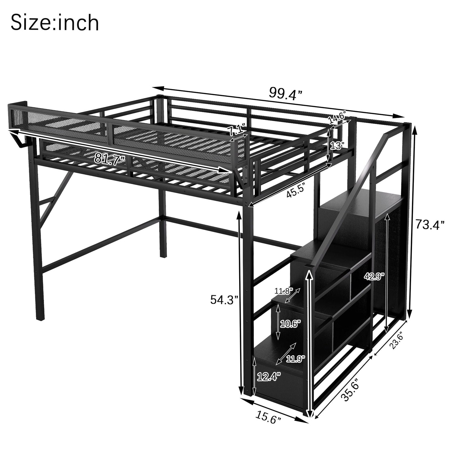 Queen Size Loft Bed With Stairs, Storage Shelves, Wardrobe - Black