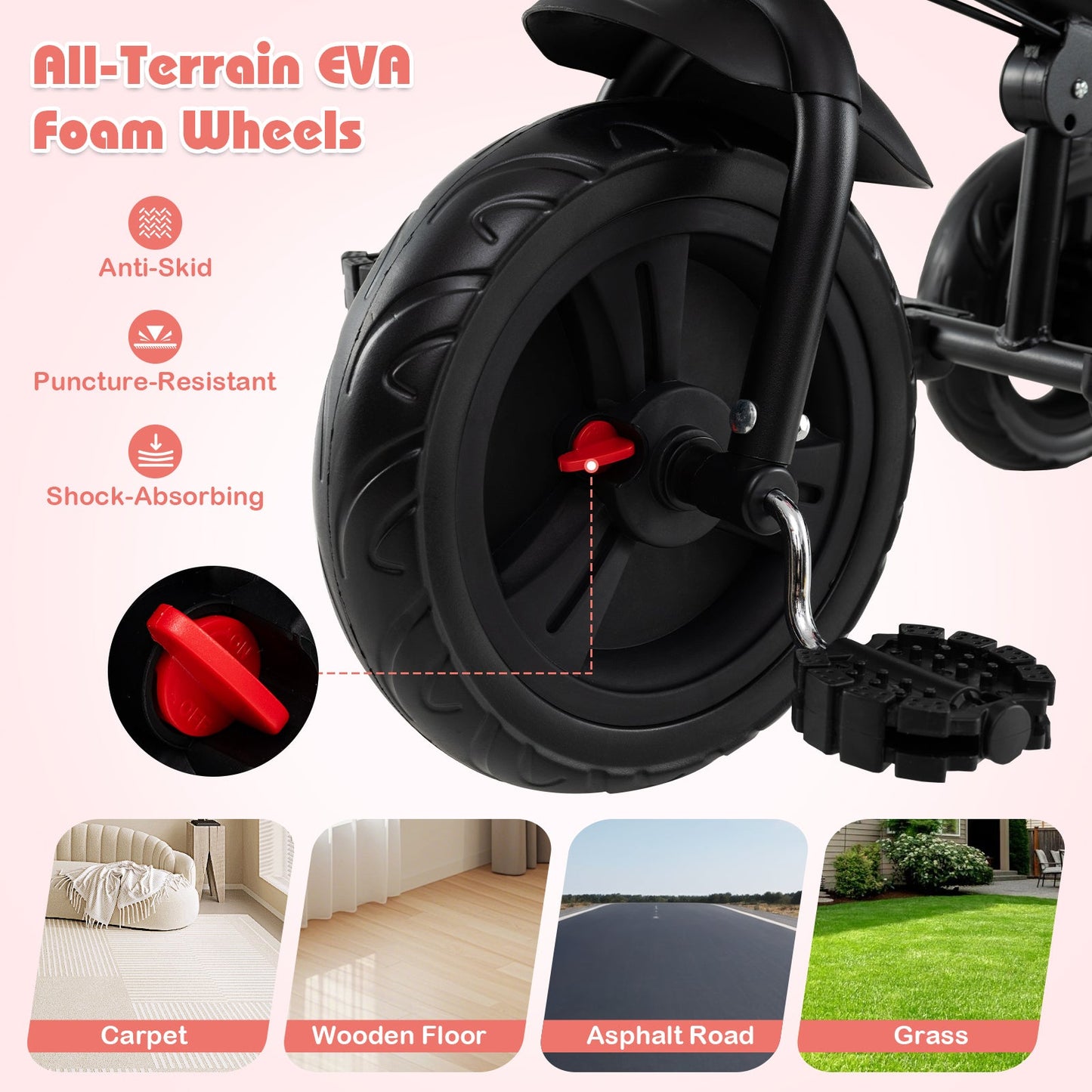7-in-1 Baby Stroller Tricycle with Adjustable Canopy and Foldable Footrests for Ages 9-60 Months Old