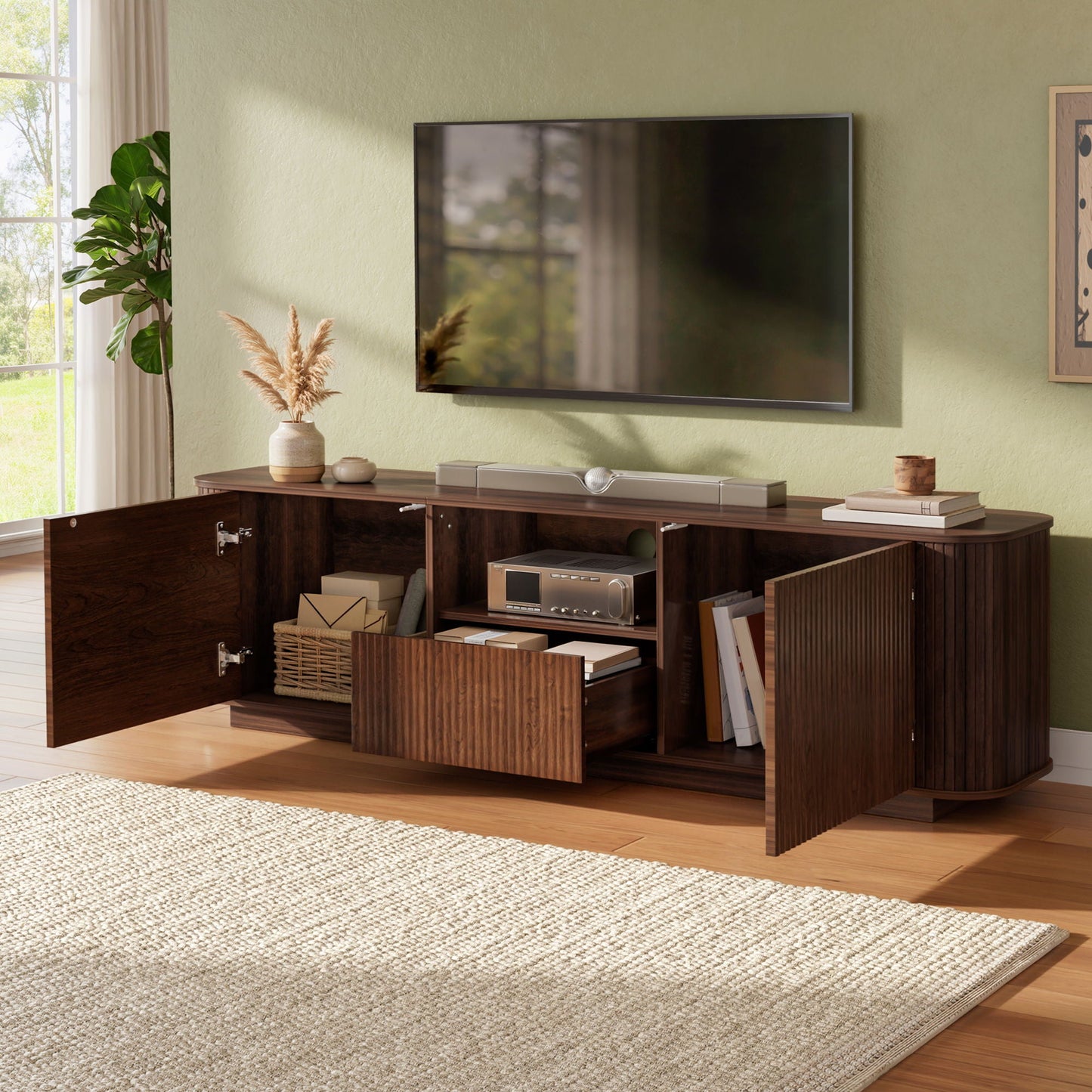 70" TV Stand With Ample Storage, Curved Corners - Dark Brown