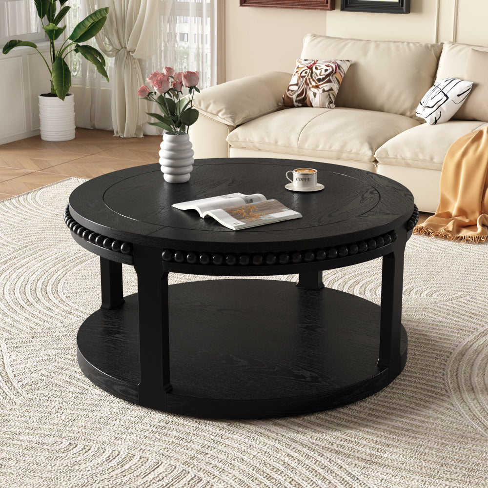 31.5" Round Solid Wood Coffee Table — Two-Tier Shelf, Natural Finish