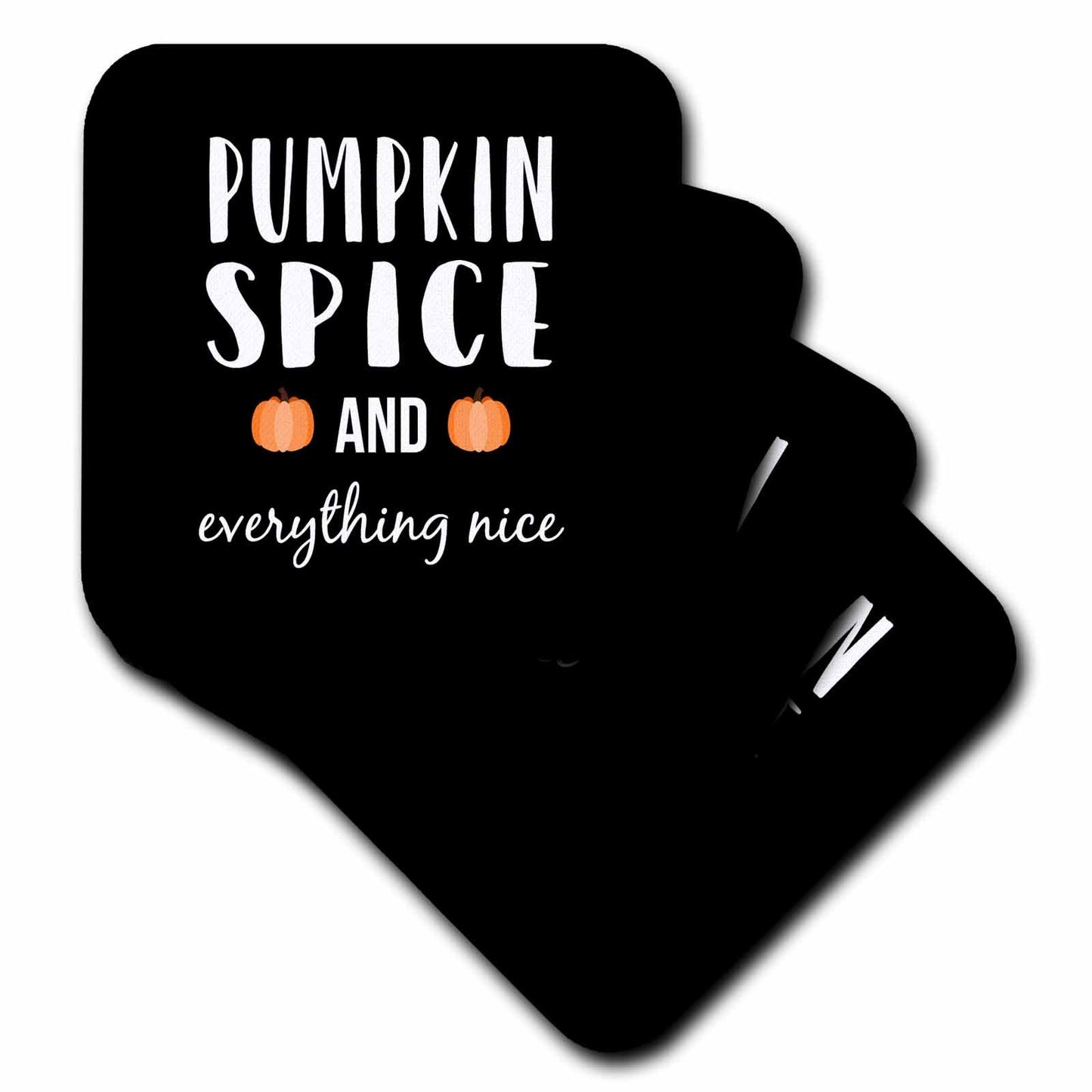3dRose Stamp City - Typography - Pumpkin Spice and Everything Nice with Two Pumpkins. White on Black. - Coasters (CST_322414)