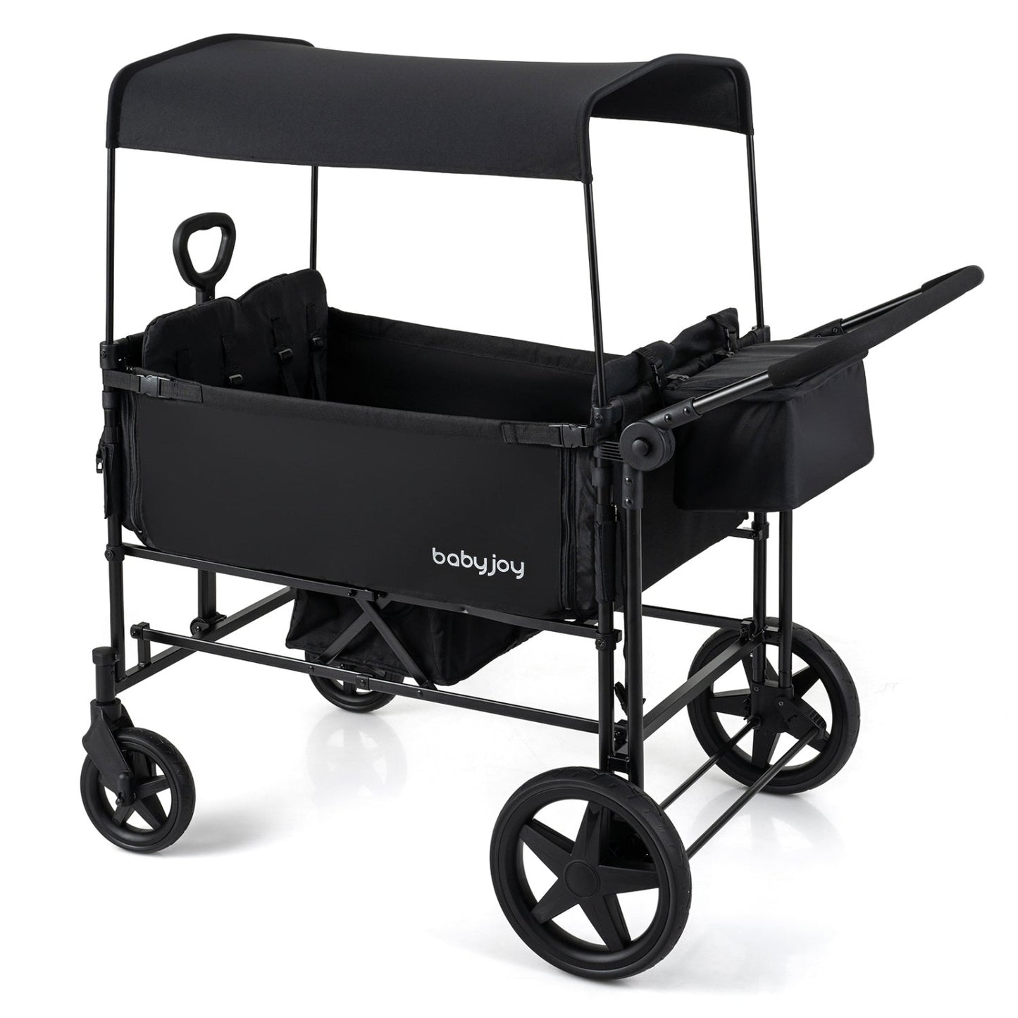 Foldable Wagon Stroller for 4 Kids with Removable Canopy and Adjustable Push