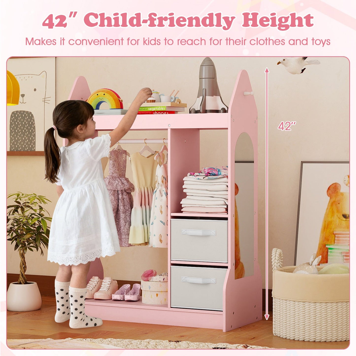 Kids Play Armoire Dresser with Cloth Hanger-Pink