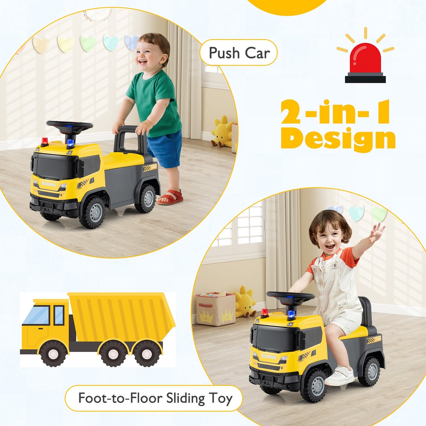 Kids Ride On Push Car Licensed SCANIA Truck Toy with Steering Wheel and Music