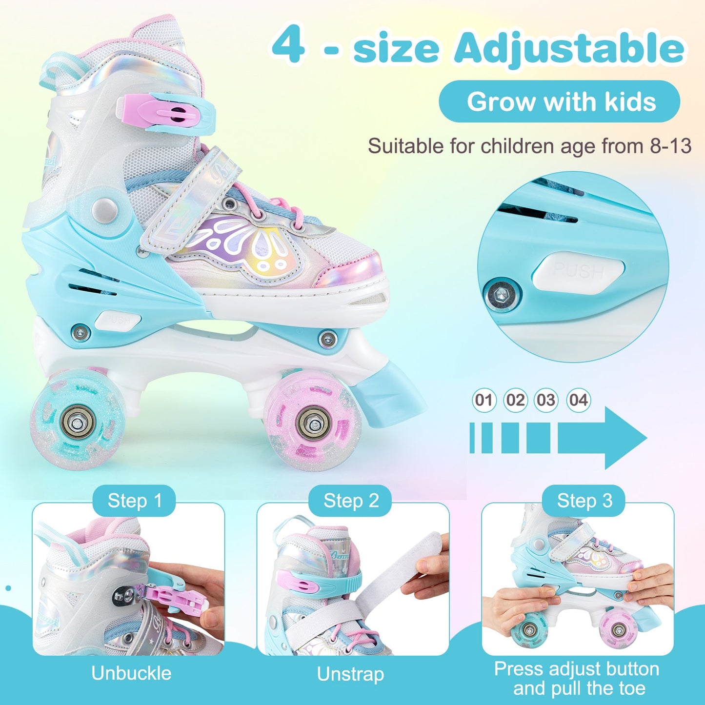 Kids Roller Skates 4 Sizes Adjustable Quad Skates with Light-up Wheels
