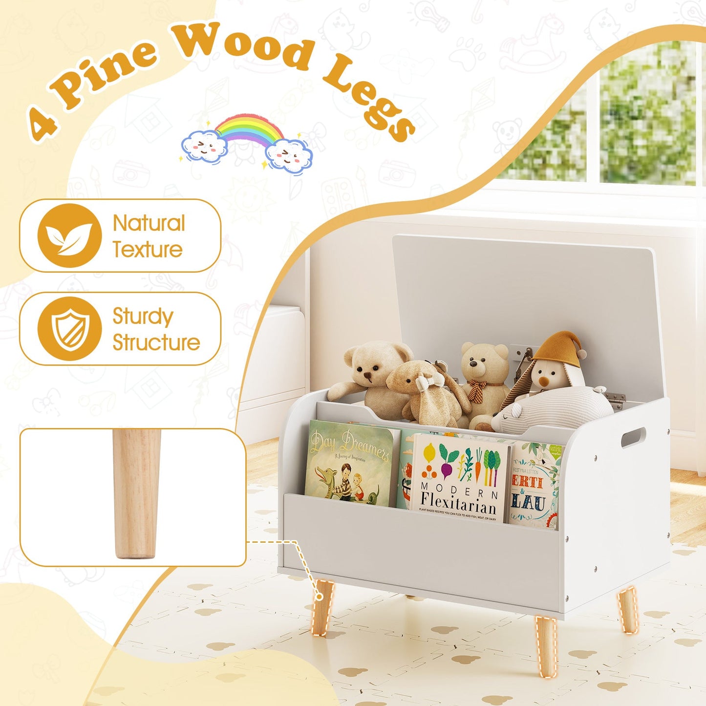 Kids Wooden Toy Box with Front Bookshelf and 4 Solid Wood Legs for Playroom