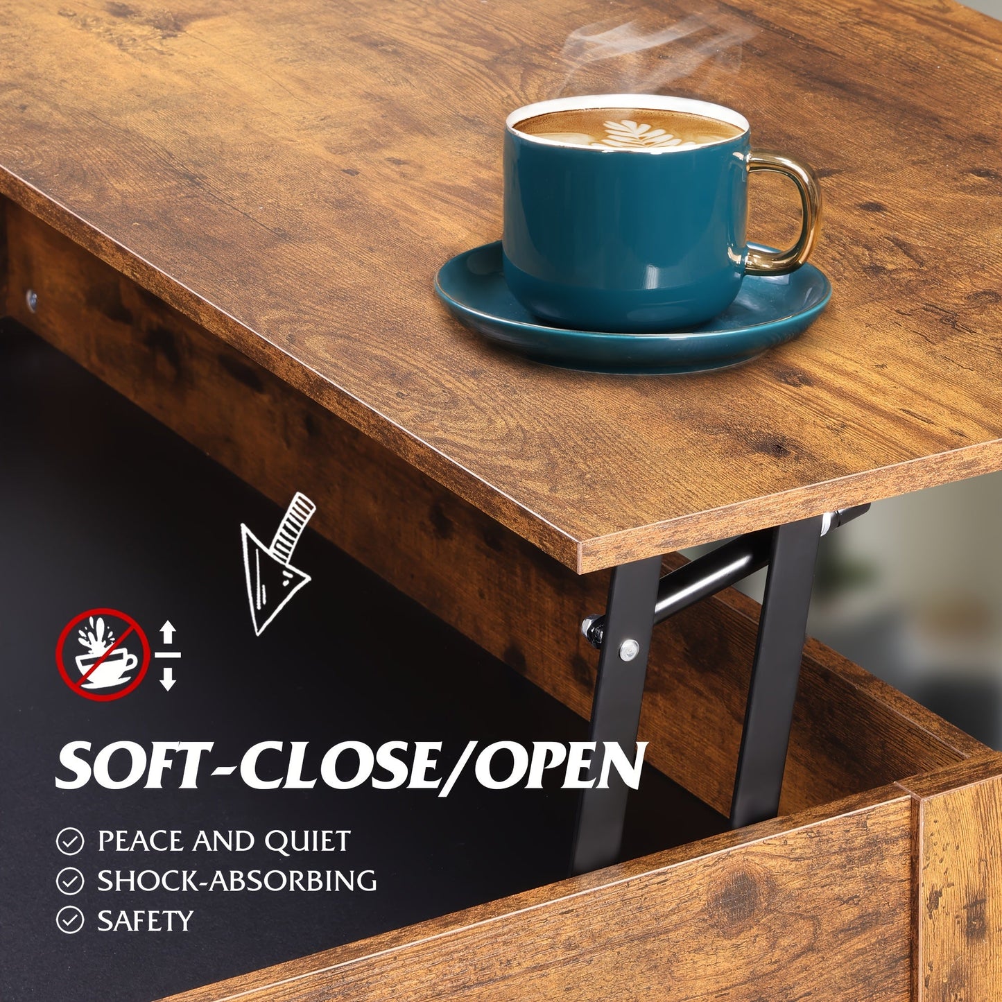Lift Top Coffee Table w/Hidden Storage Drawer Shelf Retro Wood Living Room Table