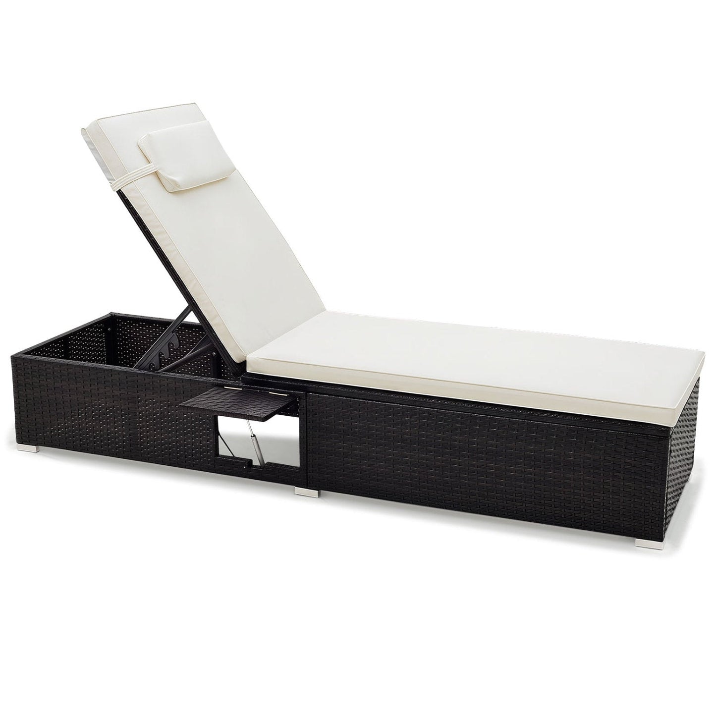 PE Rattan Chaise Lounge with Adjustable Backrest and Foldable Side Table Outdoor