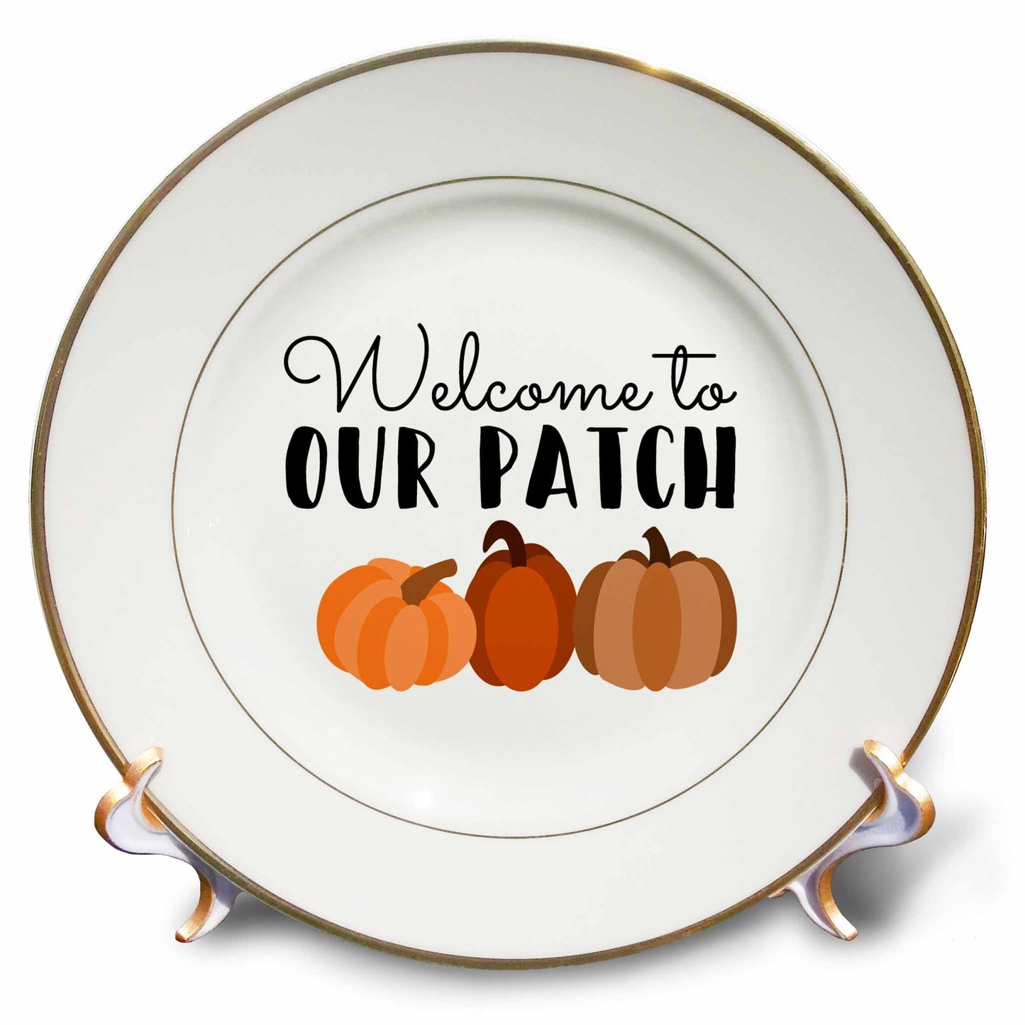 3dRose Stamp City - Typography - Welcome to Our Patch with Three Pumpkins. Black Letters on White. - Plates (cp_322444)
