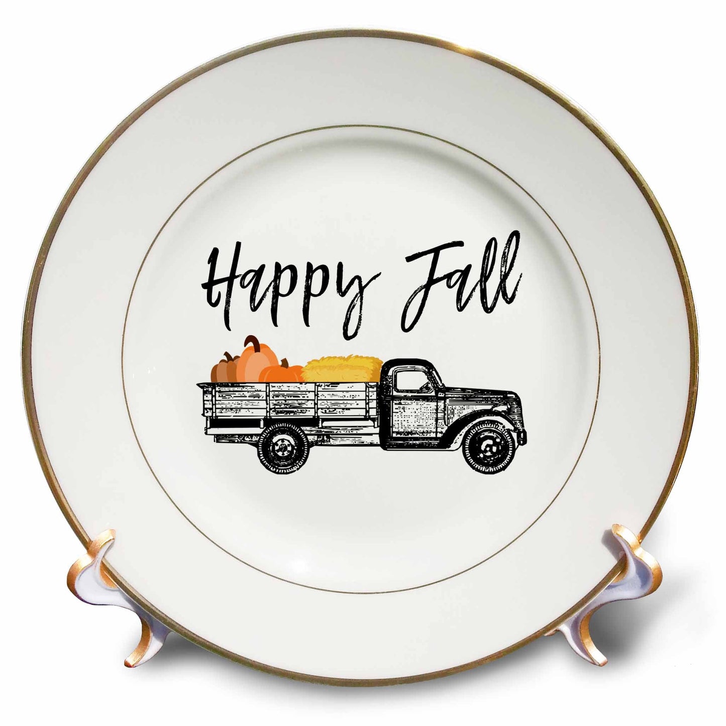 3dRose Stamp City - Typography - Happy Fall with Old Truck, Pumpkins, and hay Clipart. White backgound. - Plates (cp_324878)