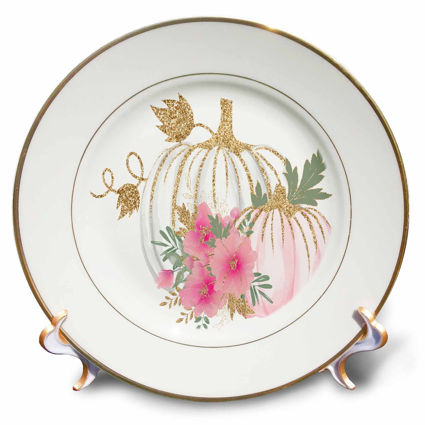 3dRose Pink, White, and Image Of Gold Floral Pumpkin Illustration - Plates (cp_357051)