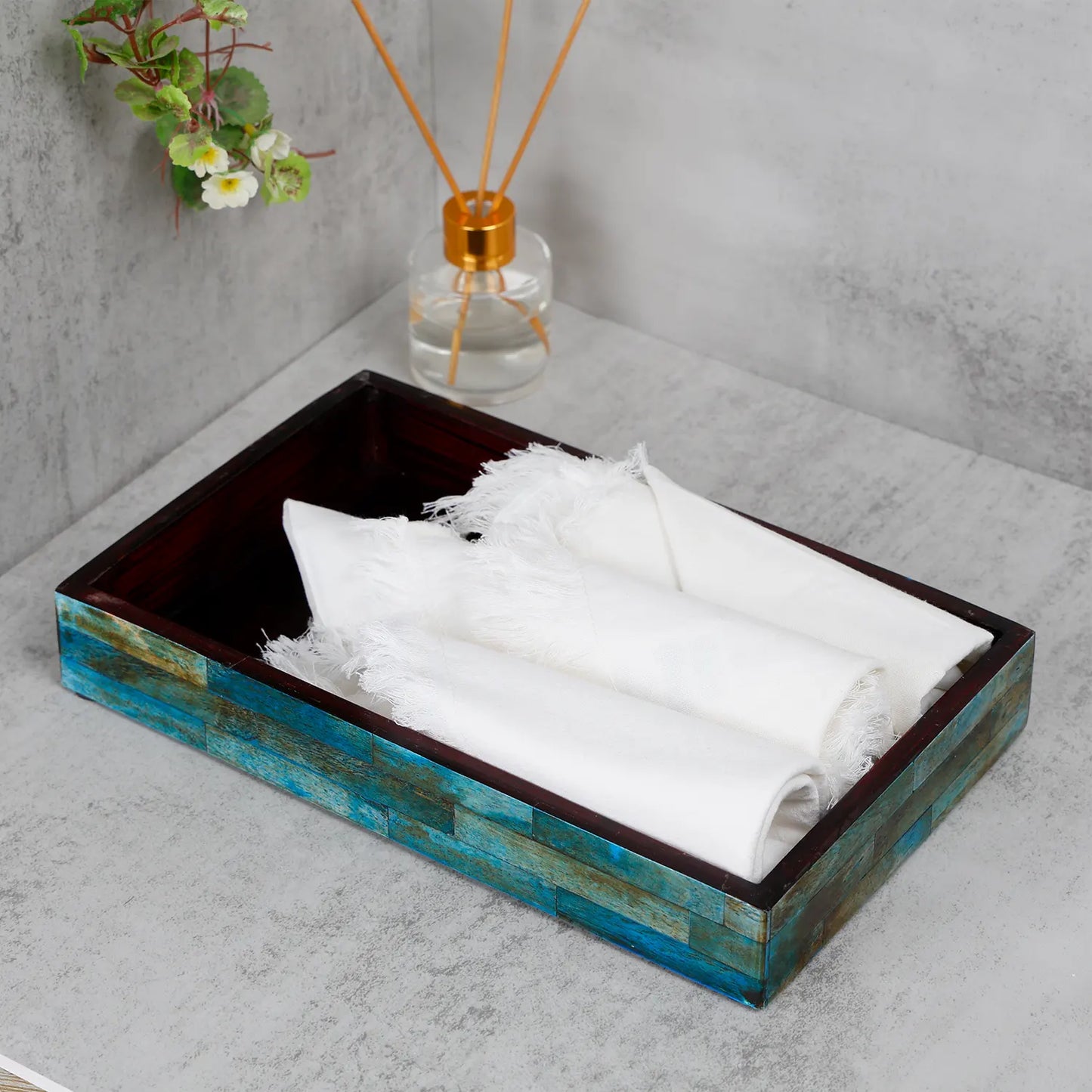 10x6 Verdigris Bone Inlay Tray for Vanity Bathroom Organizer