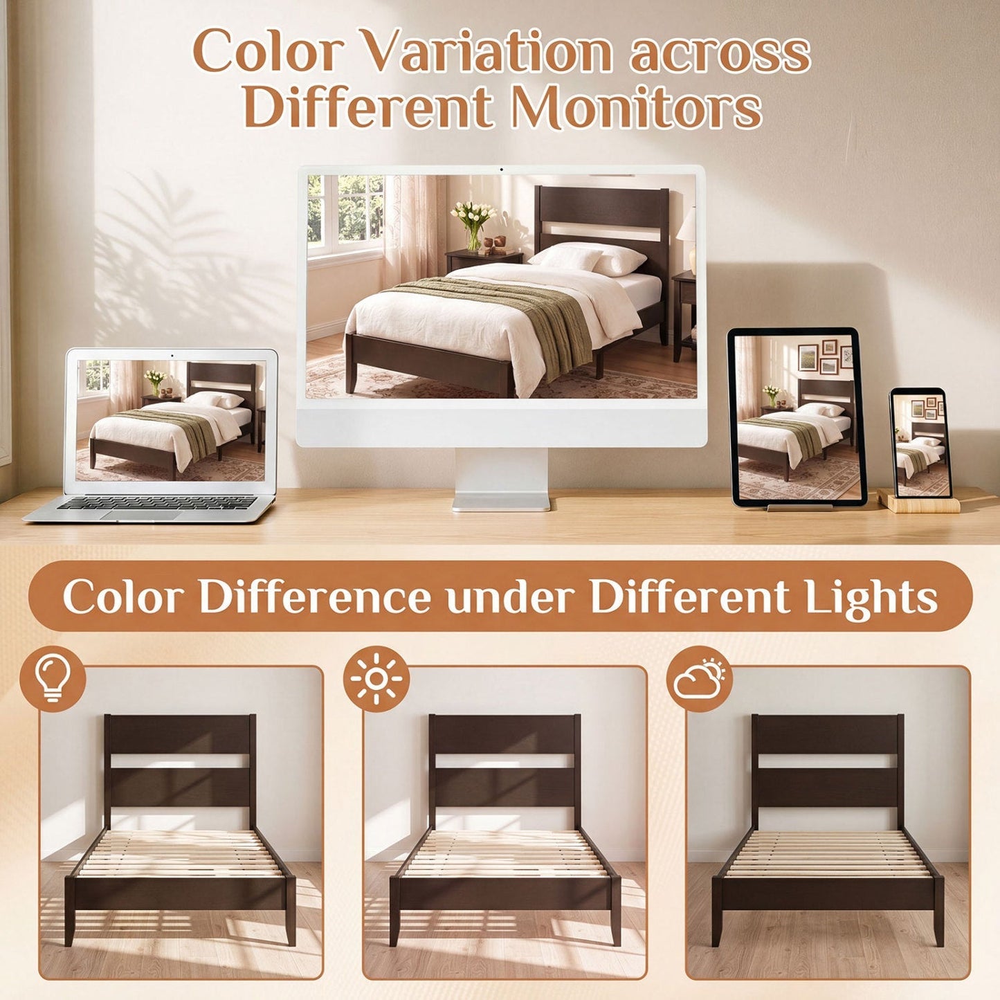 Twin Bed Frame with Headboard and Solid Wood Legs