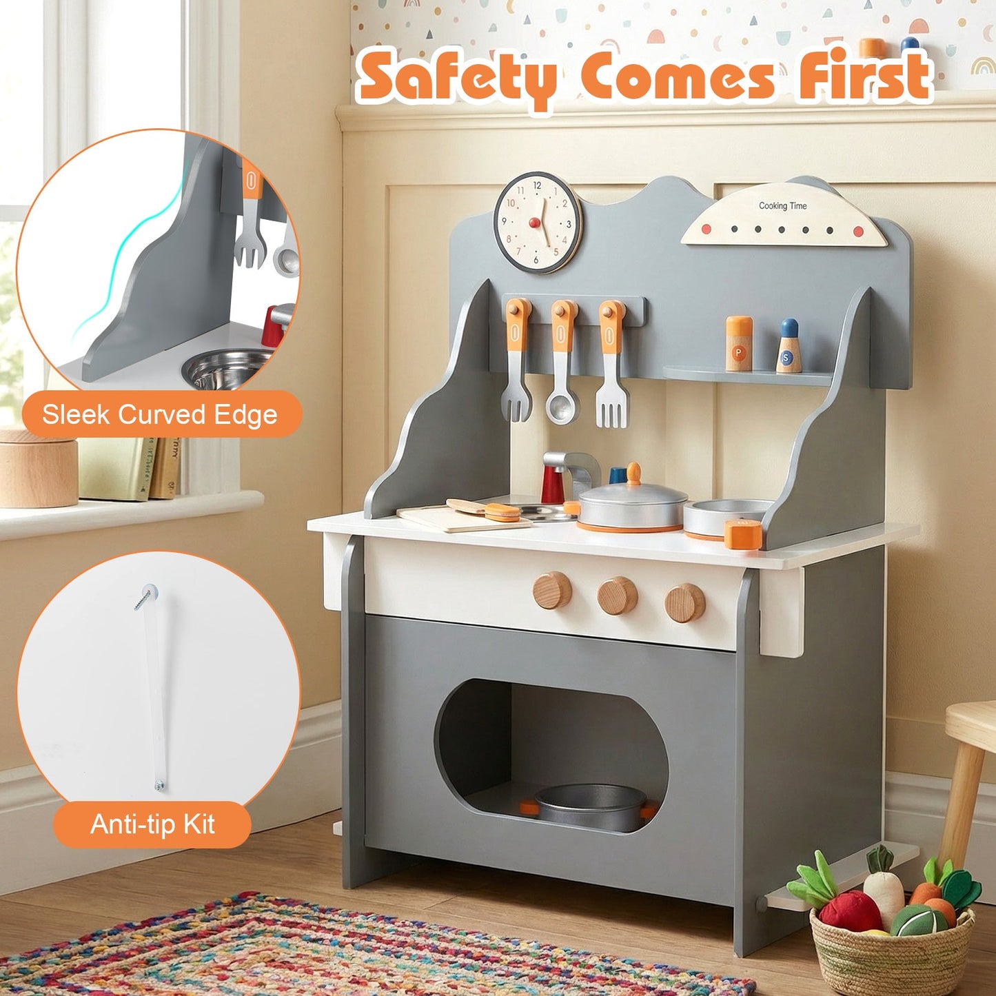 Wooden Play Kitchen for Kids Pretend Play Toy Kitchen Set with Clock Gift for Boys and Girls 3 +Pink
