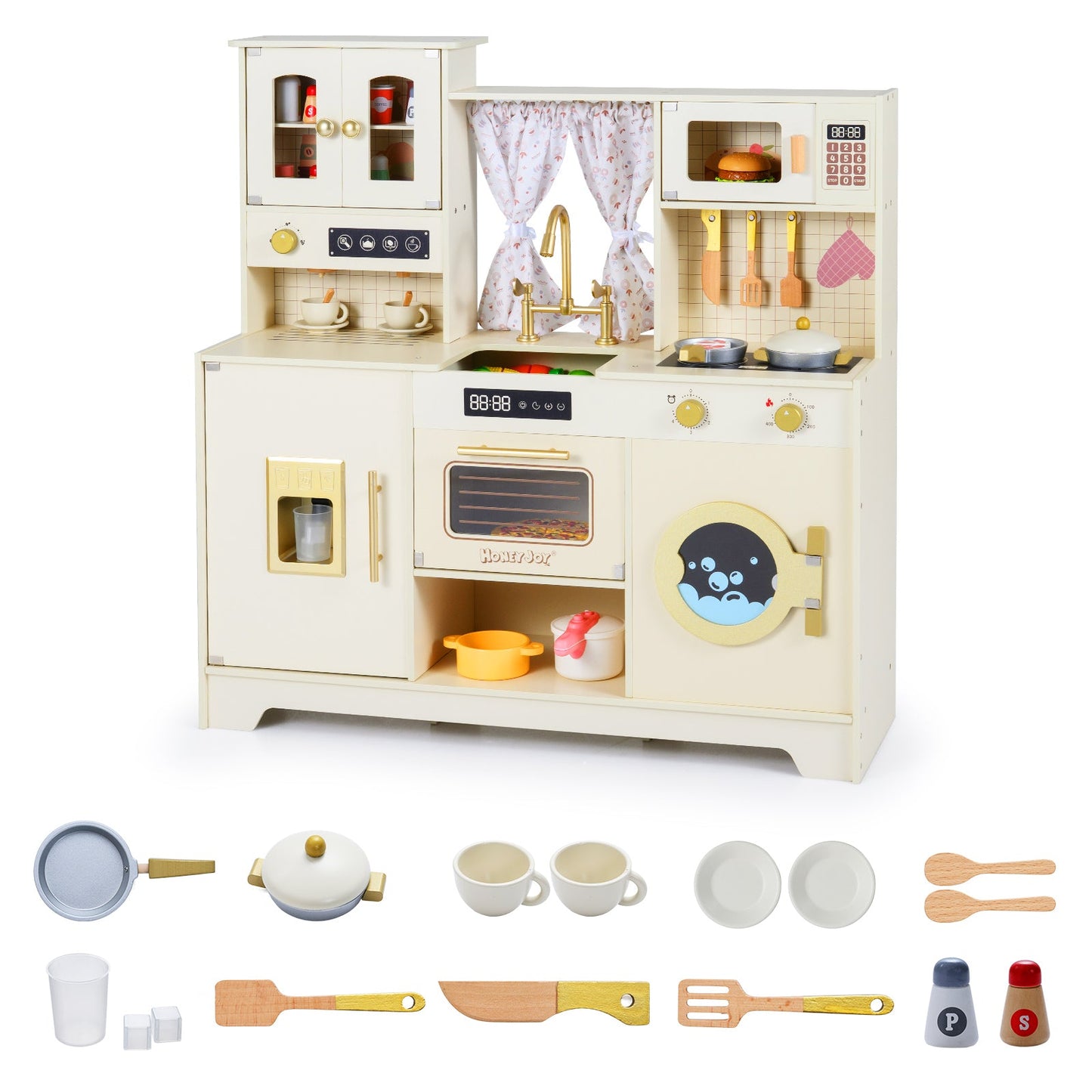 Wooden Toy Kitchen Playset with 14 Accessories for Aged 3+ Years-Beige