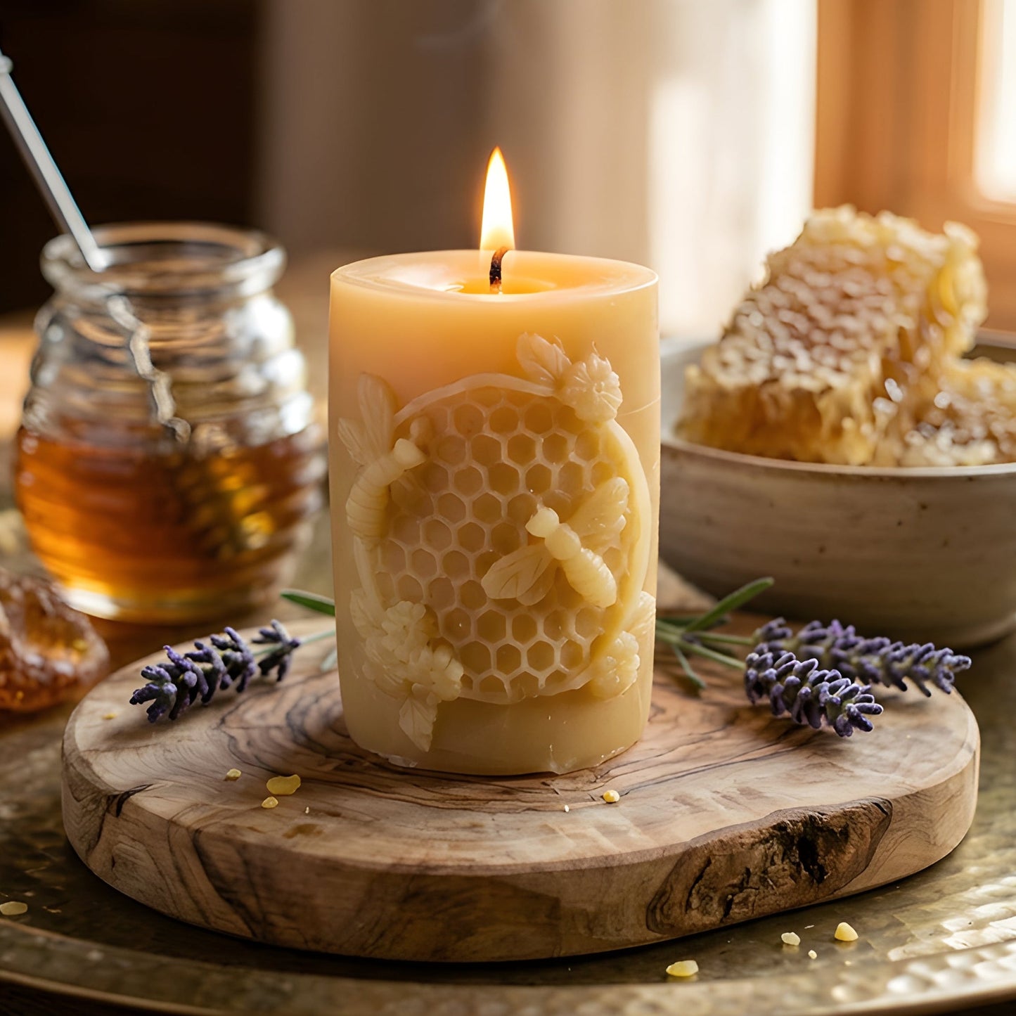 Golden Hivelet Beeswax Pillar Candle Beehive Inspired