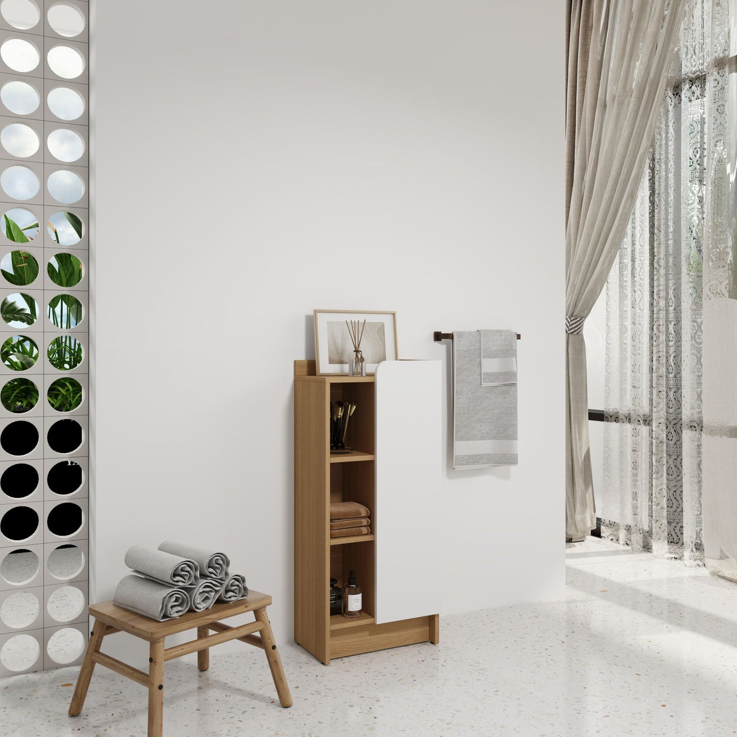 Freestanding Bathroom Side Cabinet, Narrow Storage Cabinet With Single Door & 3 Tier Open Shelves - Black / Light Oak / White