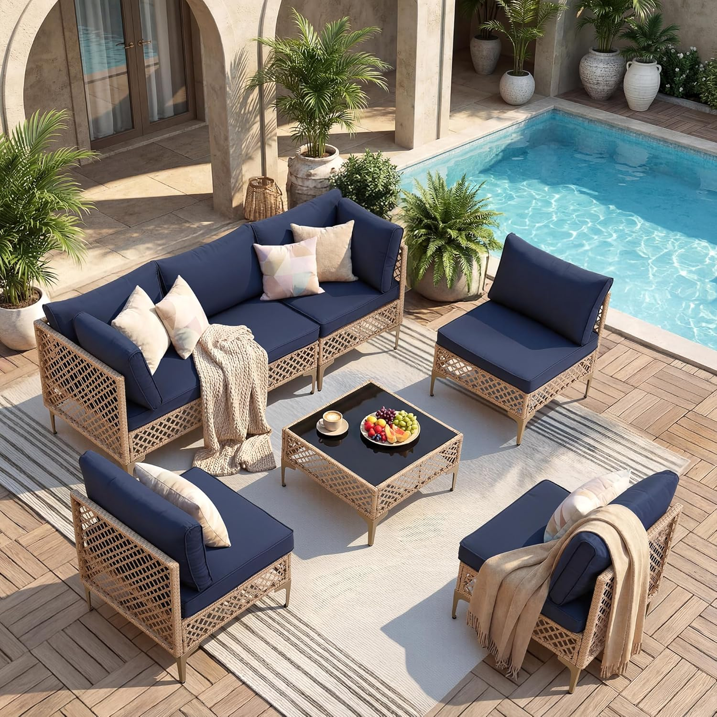 Ainfox 7 Pieces Outdoor Wicker Modular Patio Sectional Set with Thick Cushions & Tempered Glass Table