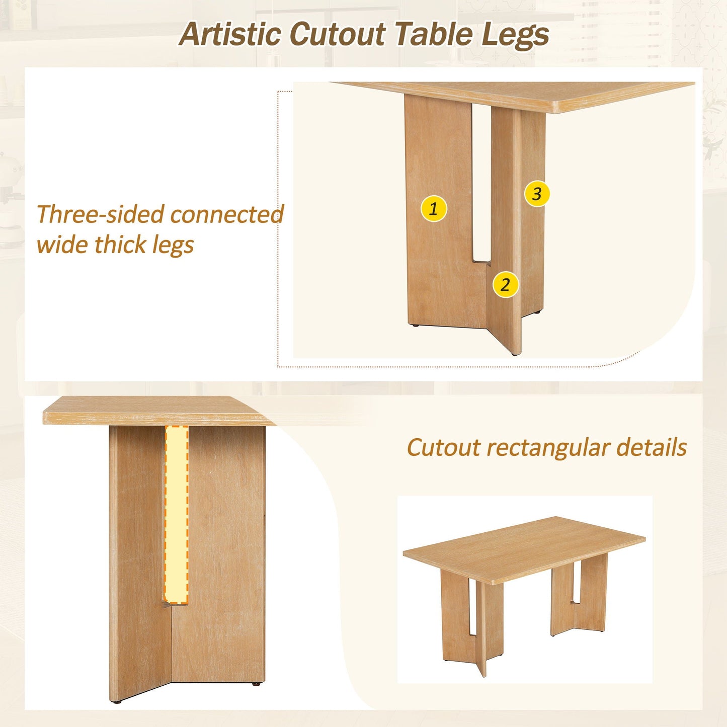 Dining Table Set With 6 Upholstered Chairs, Rectangular Table With Cutout Legs