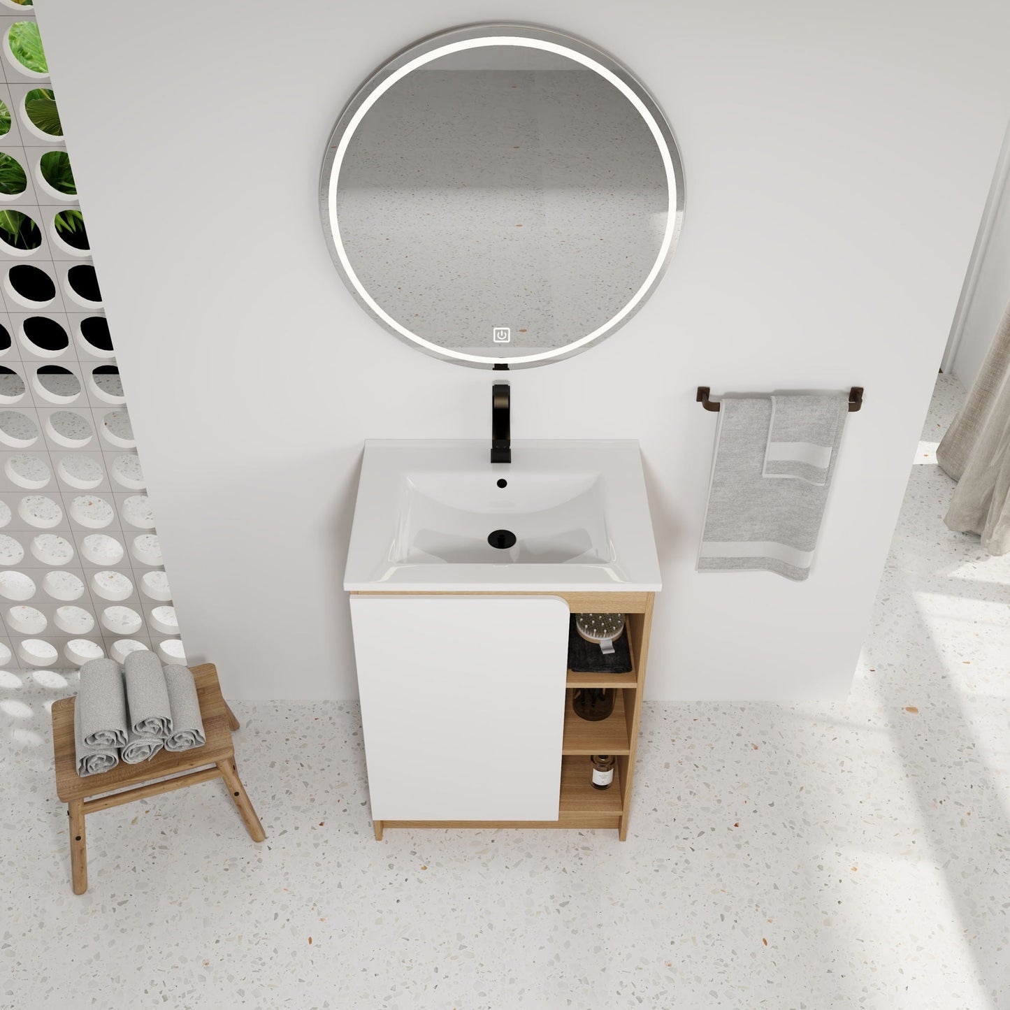 Freestanding Bathroom Vanity With Thin Rim Sink, Single Door With 4 Tier Open Shelves - Light Oak / White