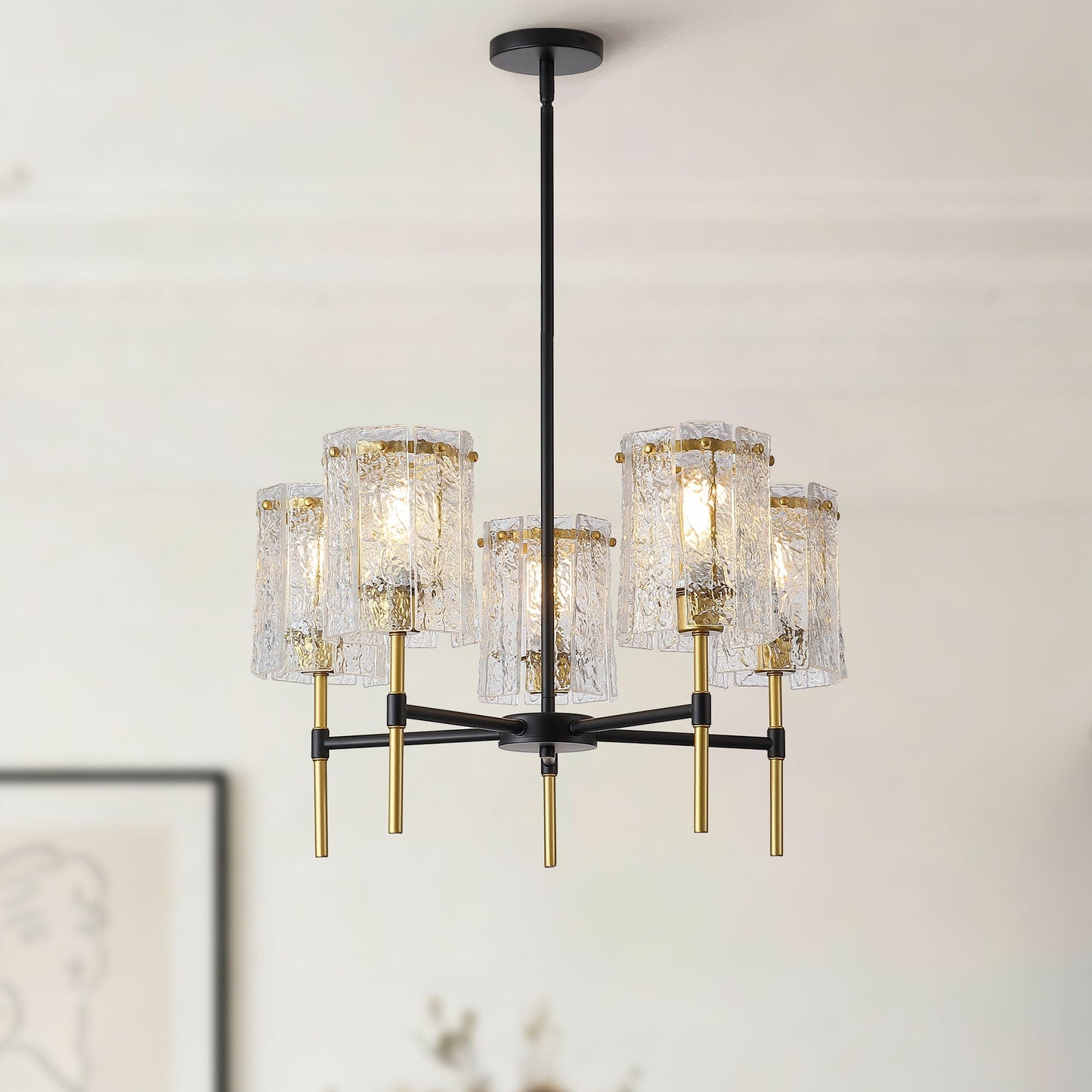 5 Light Chandelier, Textured Glass Pendant Light, (Not Including The Bulb) For Living Room - Black / Gold