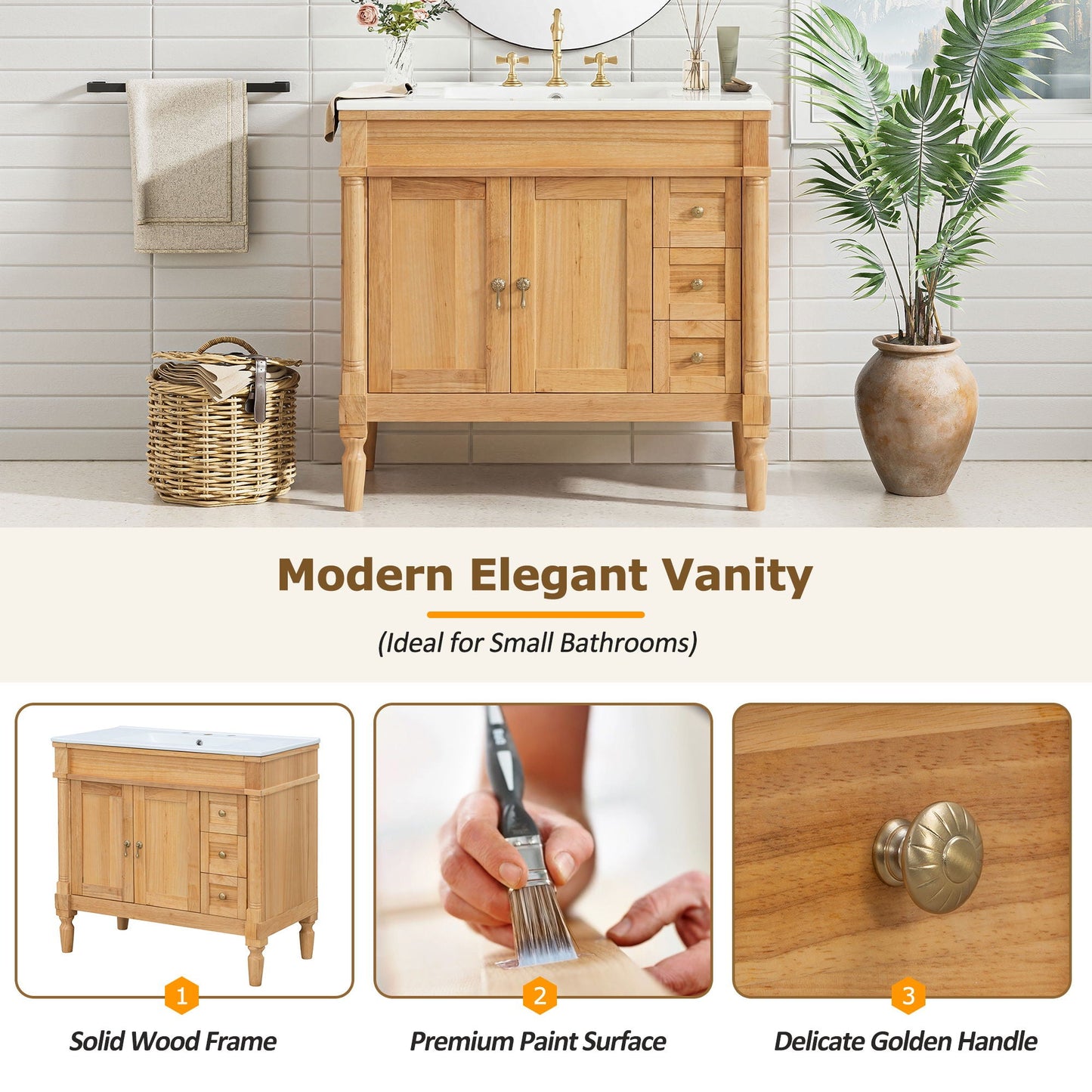 Modern Bathroom Vanity With Ceramic Sink, Soft Close Doors, Adjustable Shelves