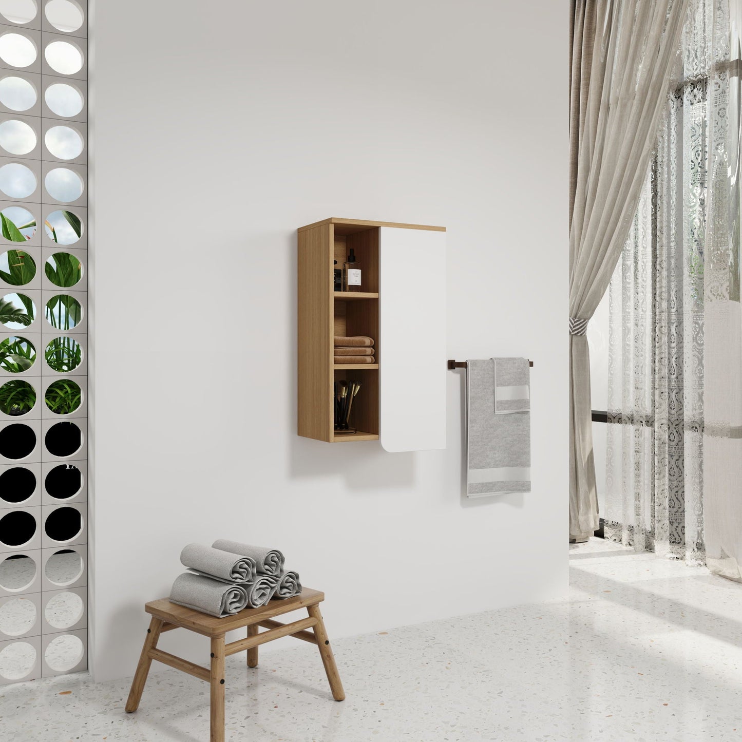 Wall Mounted Bathroom Side Cabinet, Single Door With 3 Tier Open Shelves - Black / Light Oak / White