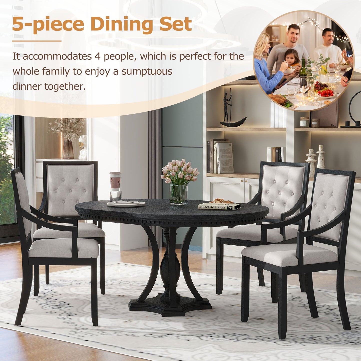 5 Piece Dining Set Extendable Round Table And 4 Chairs - Black / Oak
