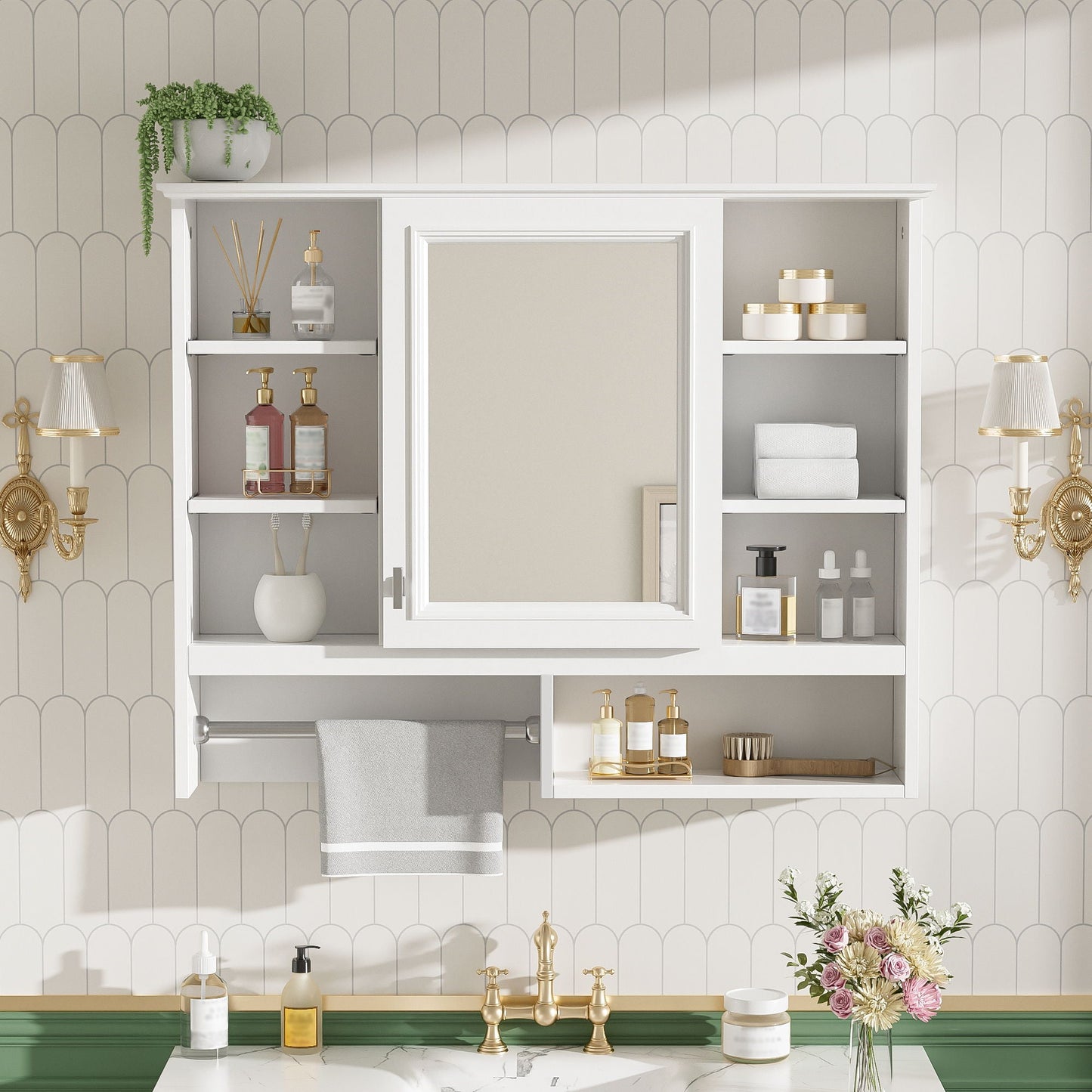 Wall Mount 2 In 1 Mirror Cabinet With Adjustable Shelves, Open Storage, For Bathroom Vanity - White