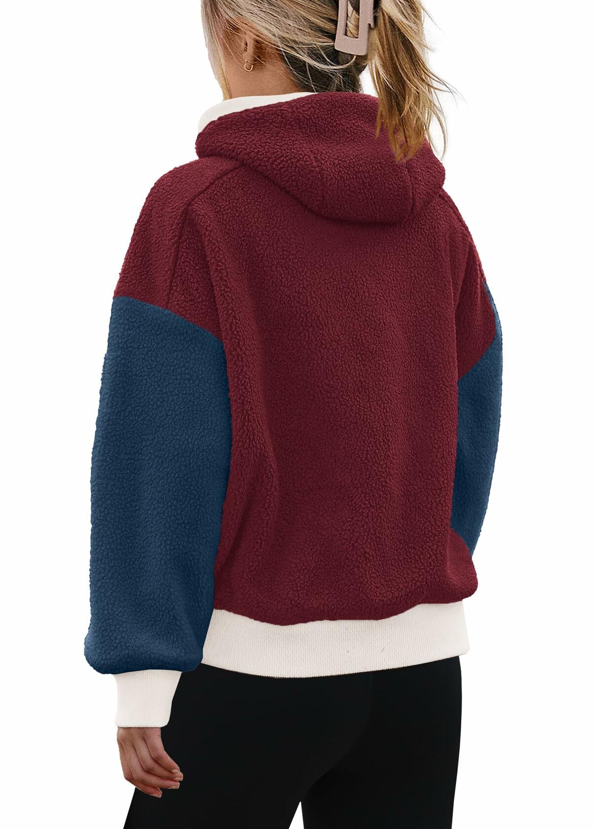 Panadila Womens Fuzzy Fleece Zip Up Oversized Hoodie Burgundy Navy Combo Size M