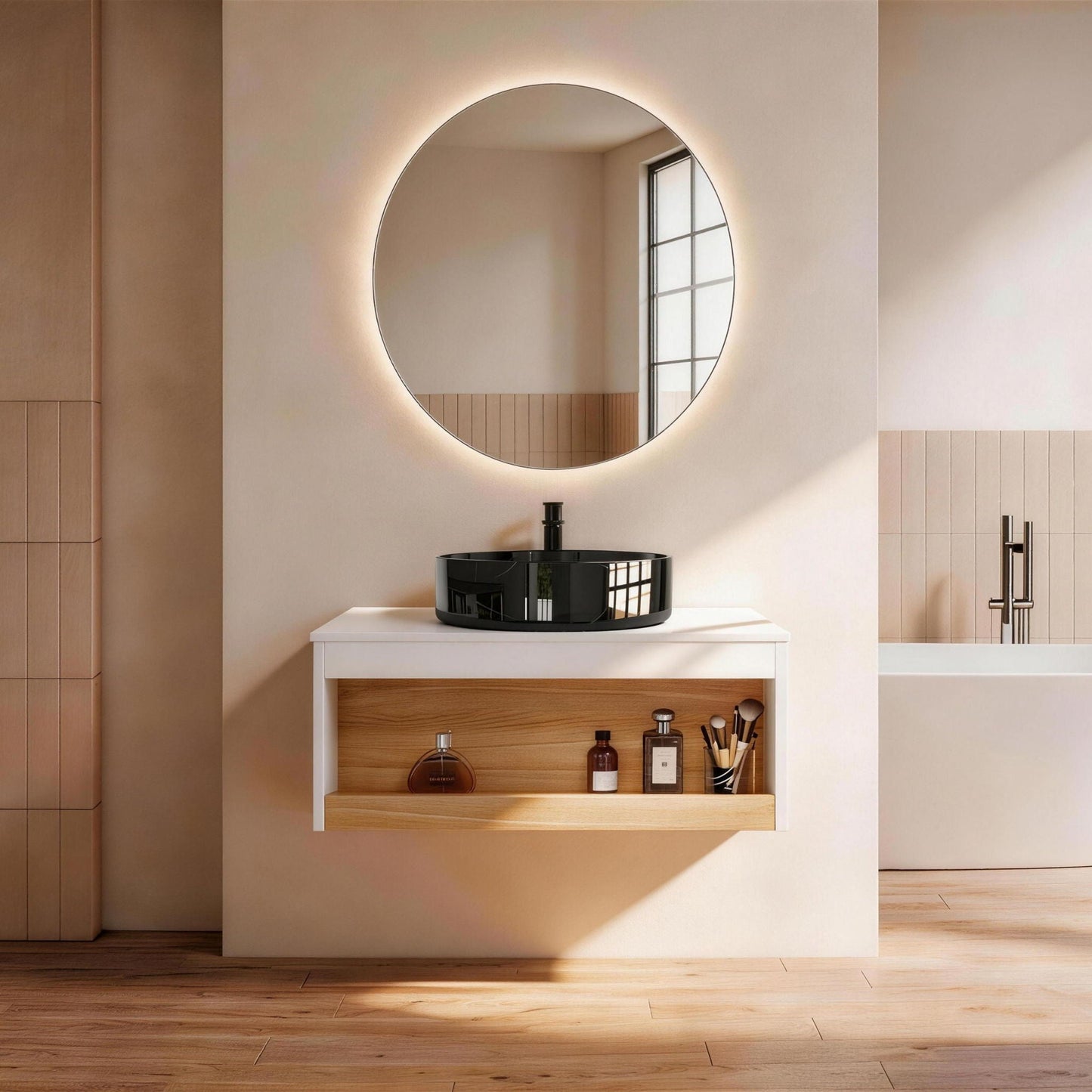 Floating Bathroom Vanity With Vessel Sink With Open Shelf Storage