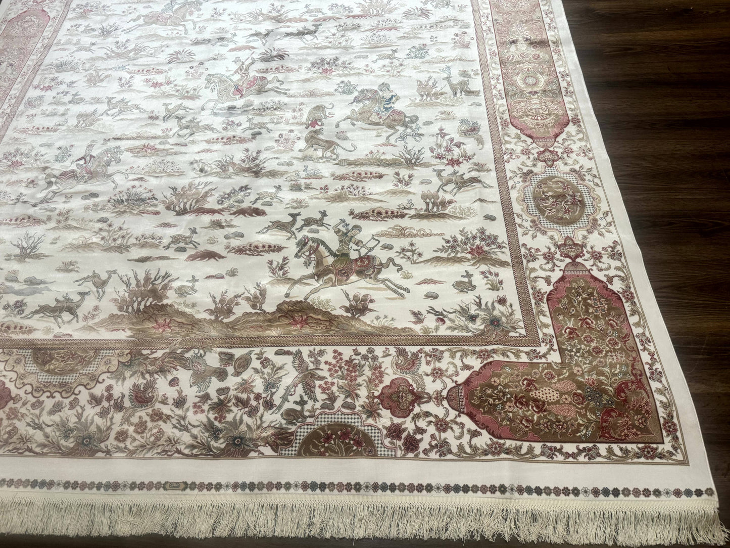 Large Turkish Silk Rug 8x10, Ivory, Hunting Design, Bamboo Silk, New