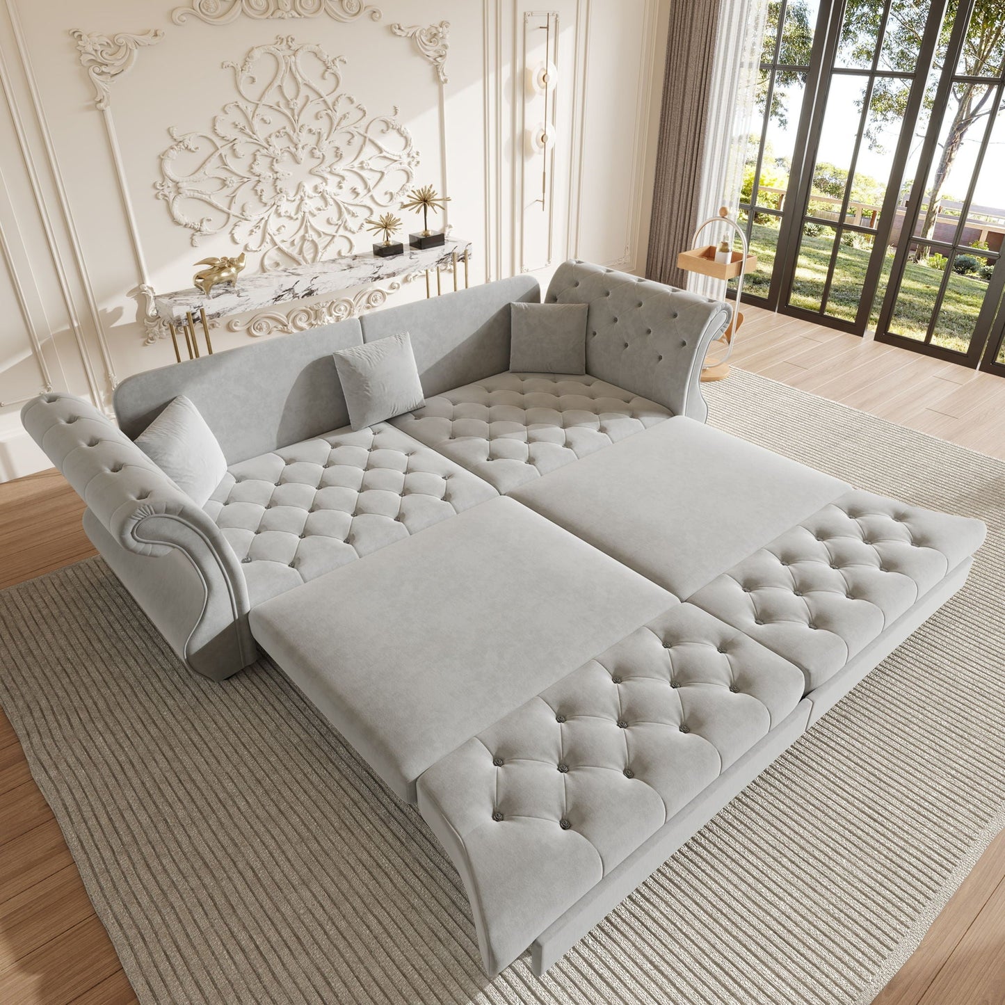 Oversized Chesterfield Pull Out Sofa Bed, Roll Arm Couch With Flower Tufting For Living Room