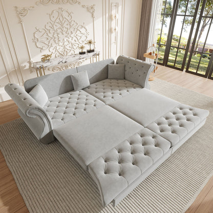Oversized Chesterfield Pull Out Sofa Bed, Roll Arm Couch With Flower Tufting For Living Room